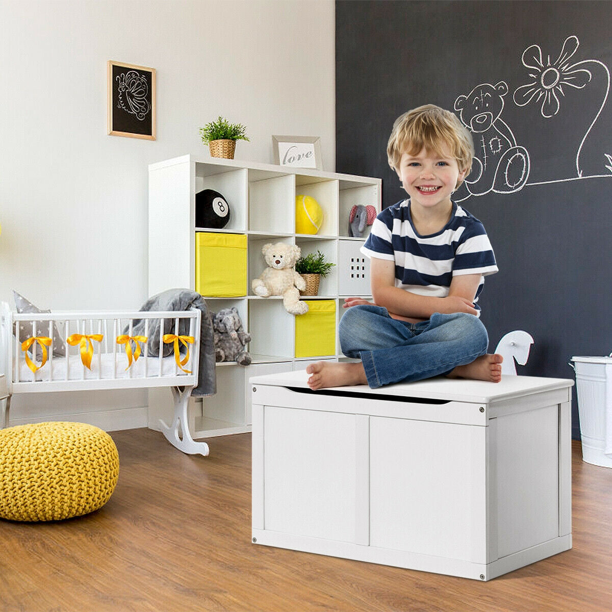 Safety Hinge Wooden Chest Organizer Toy Storage Box-White