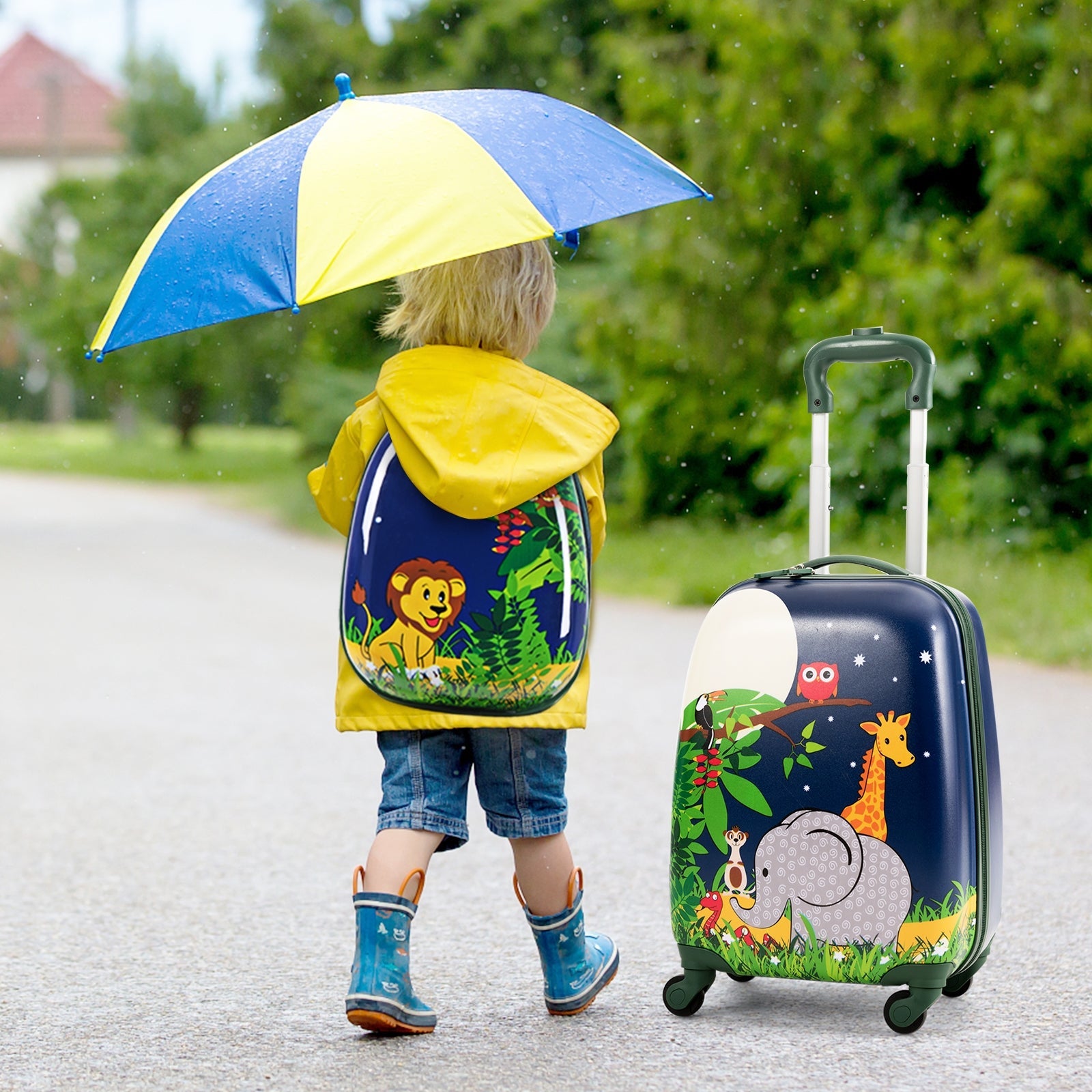 2 Pieces 12 Inch and 16 Inch Kids Carry on Suitcase Rolling Backpack School Luggage Set-Elephant
