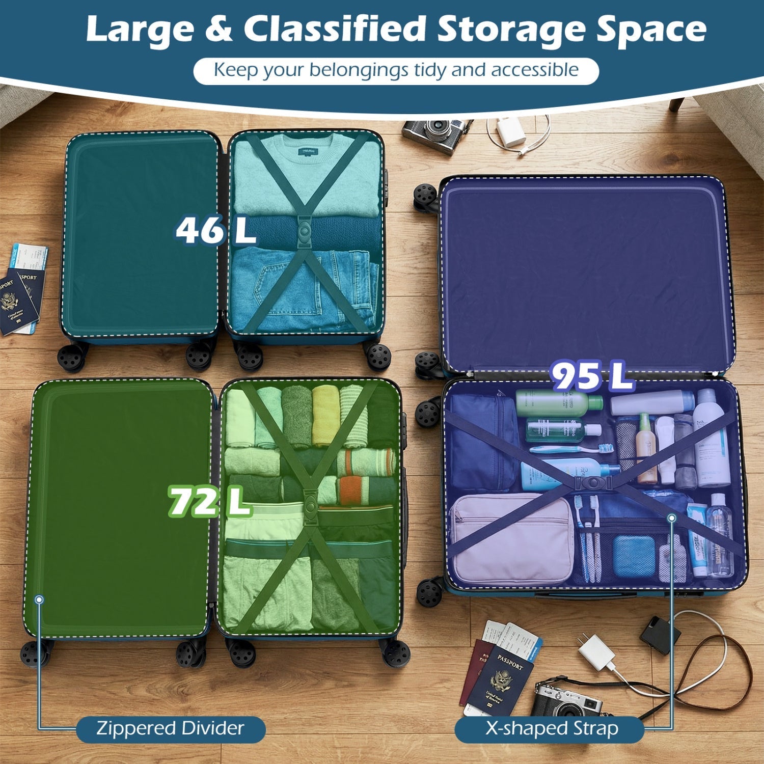 3-Piece Hardside Luggage Set Lightweight Hardside Suitcases with 8-Spinner Wheels