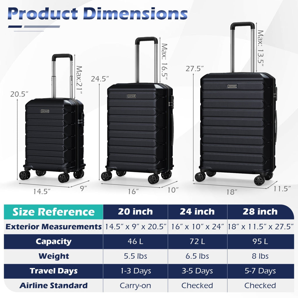 3-Piece Hardside Luggage Set Lightweight Hardside Suitcases with 8-Spinner Wheels