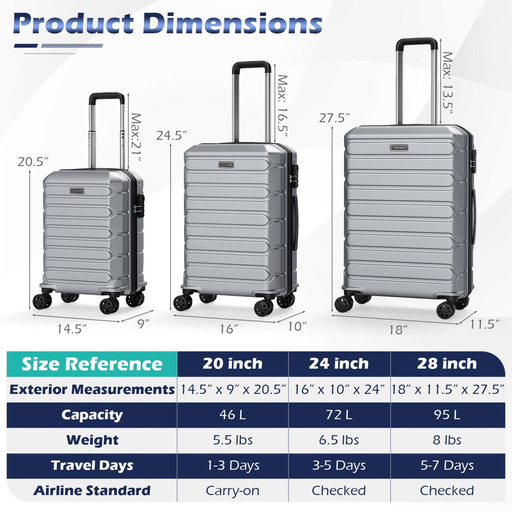3-Piece Hardside Luggage Set Lightweight Hardside Suitcases with 8-Spinner Wheels