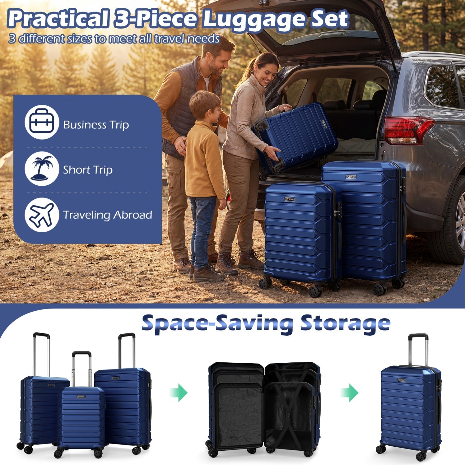 3-Piece Hardside Luggage Set Lightweight Hardside Suitcases with 8-Spinner Wheels