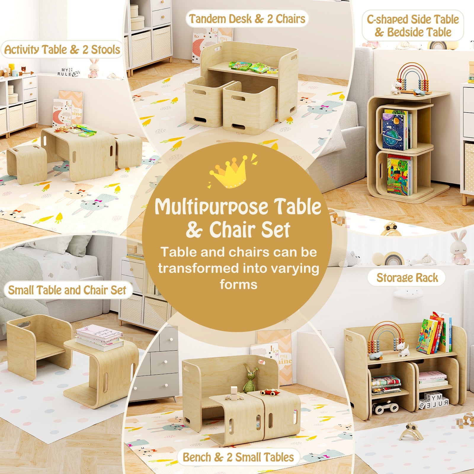 3 Pieces Kids Wooden Table and Chair Set-Natural