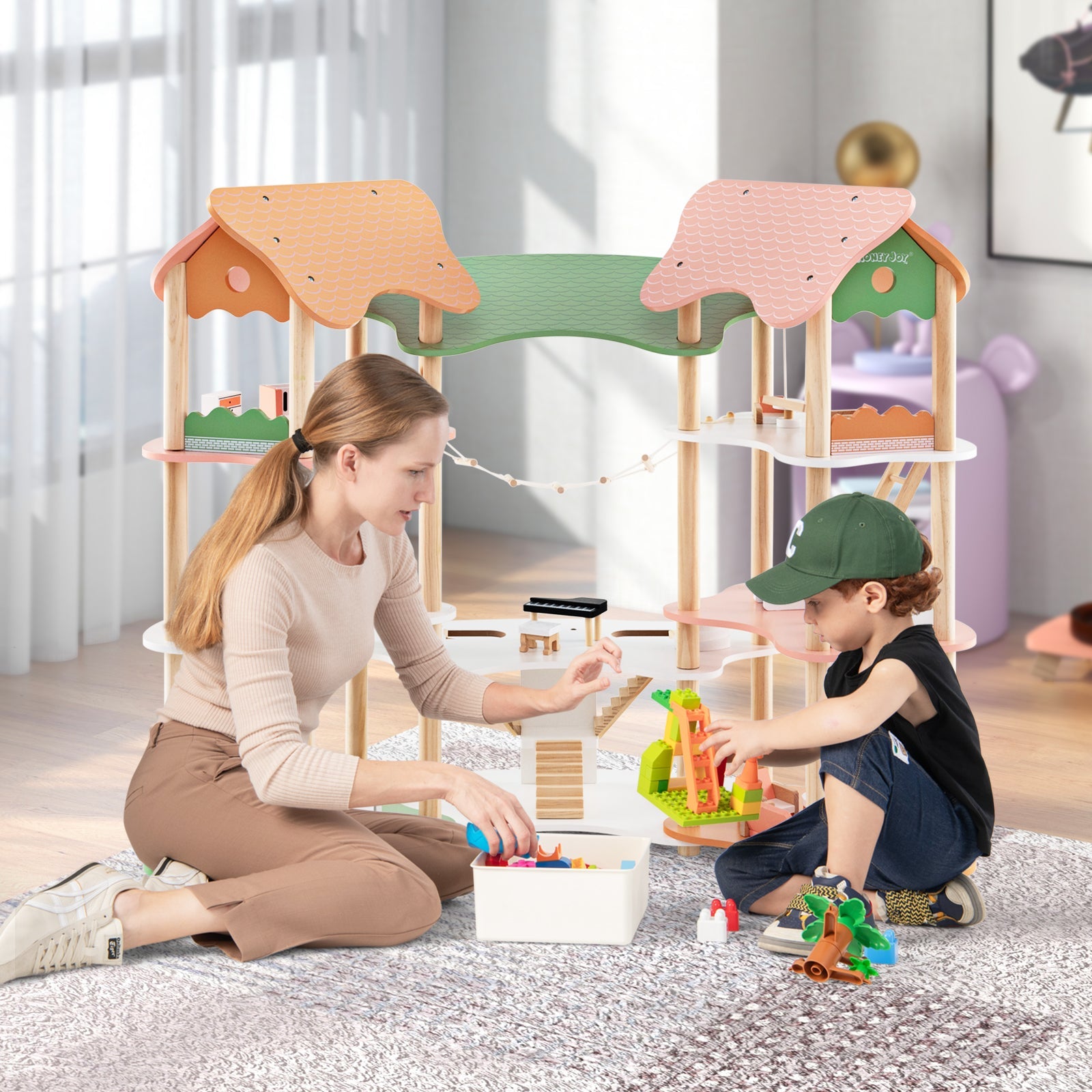 3-Tier Wooden Dollhouse for Kids Aged 3-8 Years Old with 32 Pieces of Accessories-Multicolor
