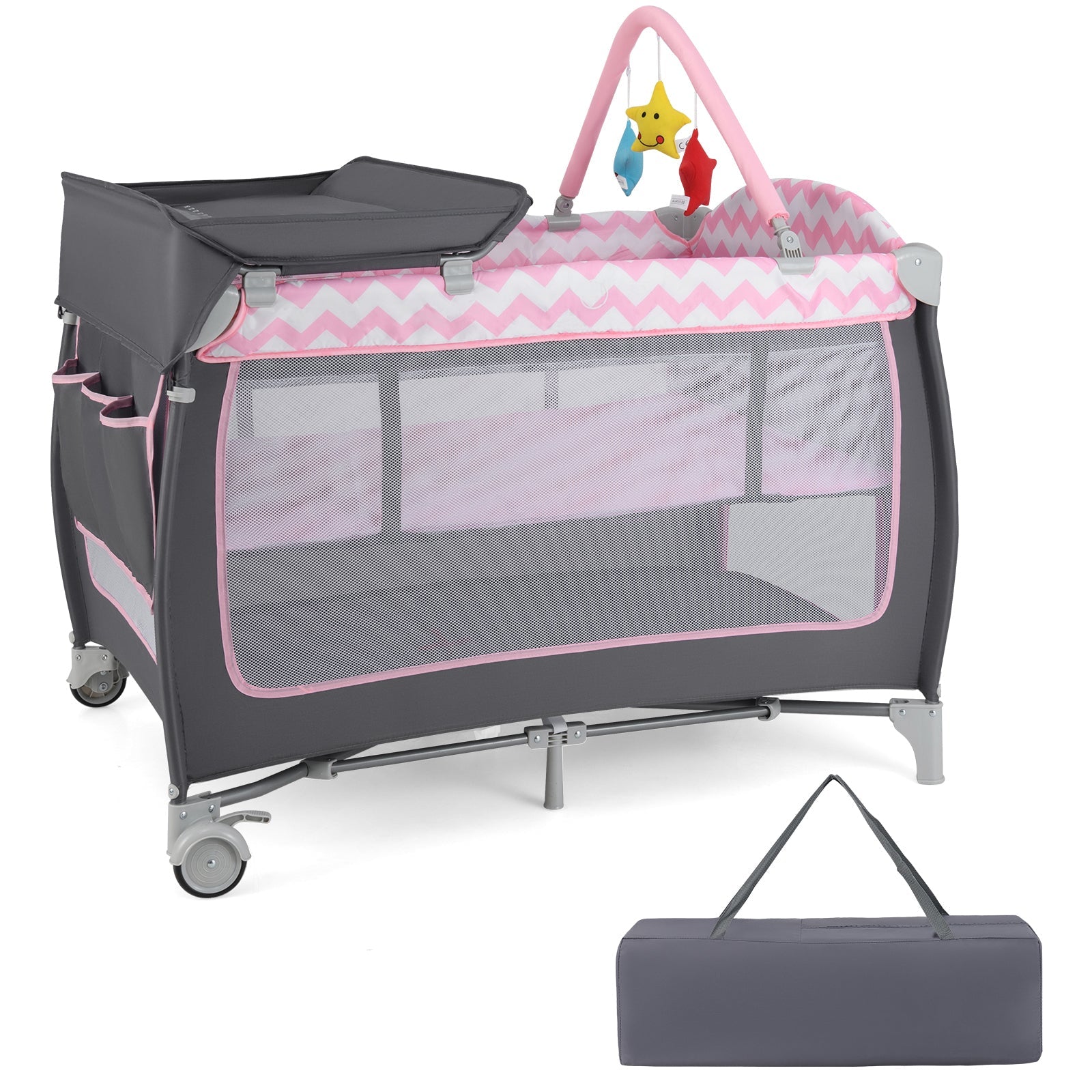 3-in-1 Portable Baby Playard with Zippered Door and Toy Bar-Pink