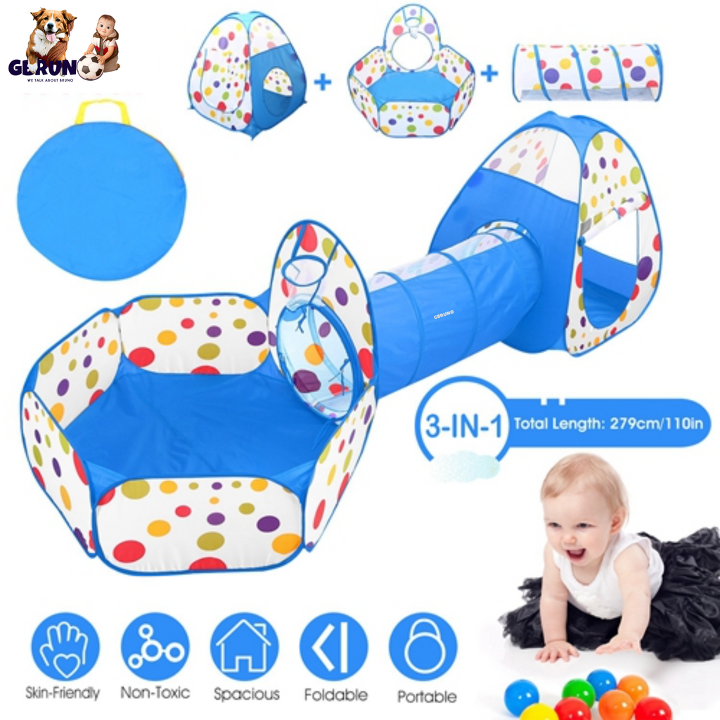 3 In 1 Child Crawl Tunnel Tent Kids Play Tent Ball Pit Set Foldable Children Play House Pop-up Kids Tent w/Storage Bag for Indoor Outdoor Travel Use