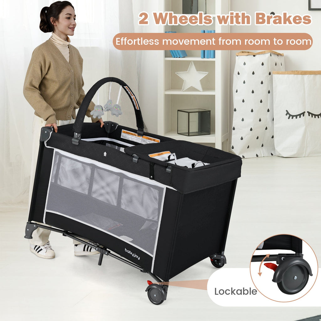 3-in-1 Portable Baby Crib and Playpen with Changing Table-Black