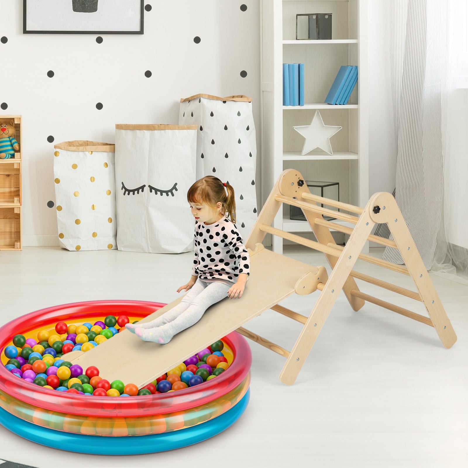 3-in-1 Climbing Set Foldable and Adjustable Kids Triangle Set-Natural