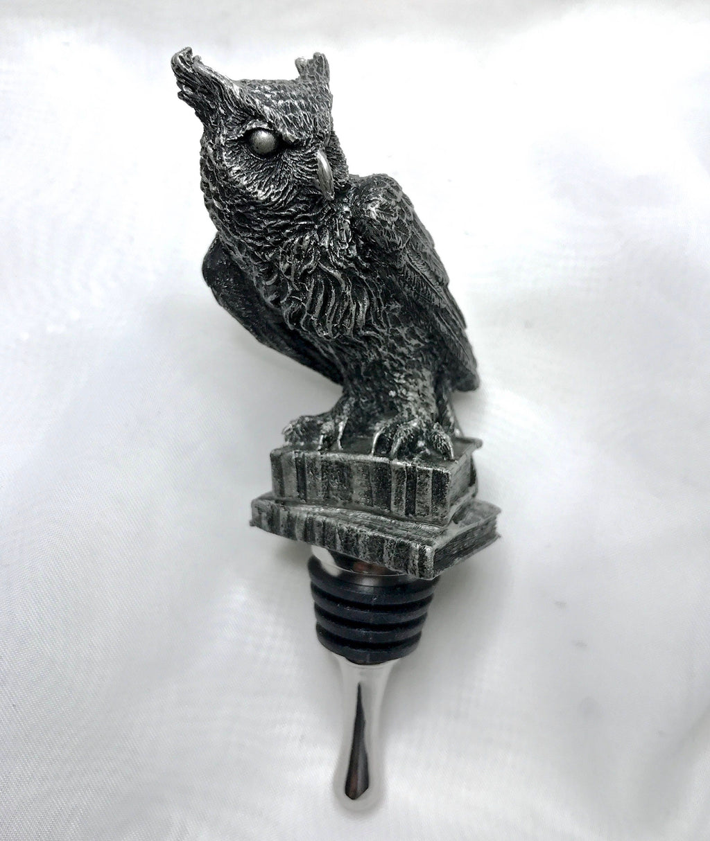 Horned Owl Winestopper, Hand Sculpted Resin | Gothic Art Barware | Owl with Books Bottle Stopper | FantasyGothic Witch Wine and Barware Gift