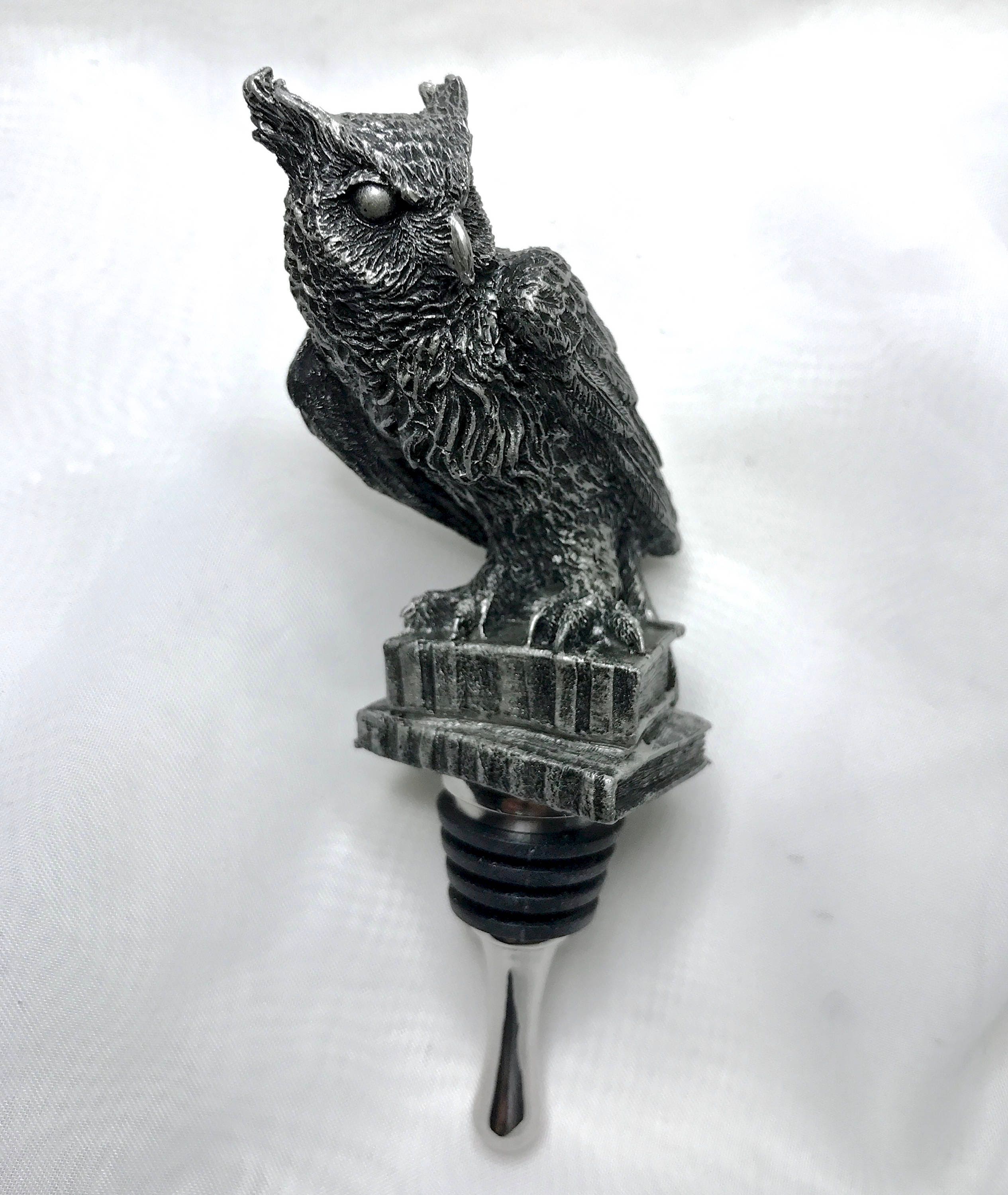 Horned Owl Winestopper, Hand Sculpted Resin | Gothic Art Barware | Owl with Books Bottle Stopper | FantasyGothic Witch Wine and Barware Gift