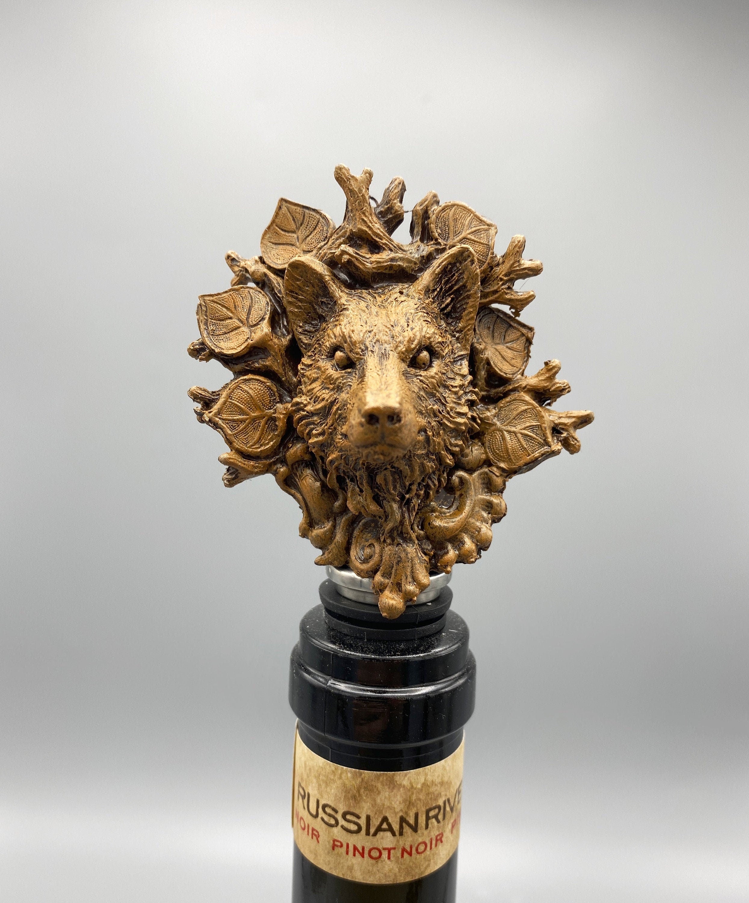 Black Forest Wolf Winestopper, Hand Sculpted Resin, Mythic Fantasy Art Barware | Gothic Wolf Bottle Stopper | Fantasy Wine and Barware Gift