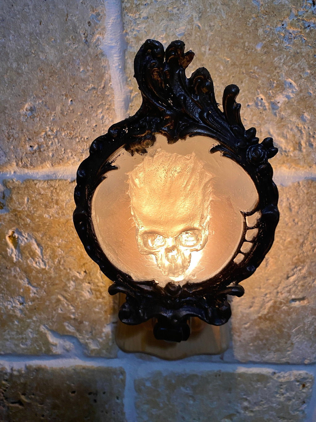 Spectral Skull Nightlight, Hand Painted Resin Sculpture | Victorian Gothic Night Light |  Ghost Skull Lighting for Gothic Fantasy Home Decor