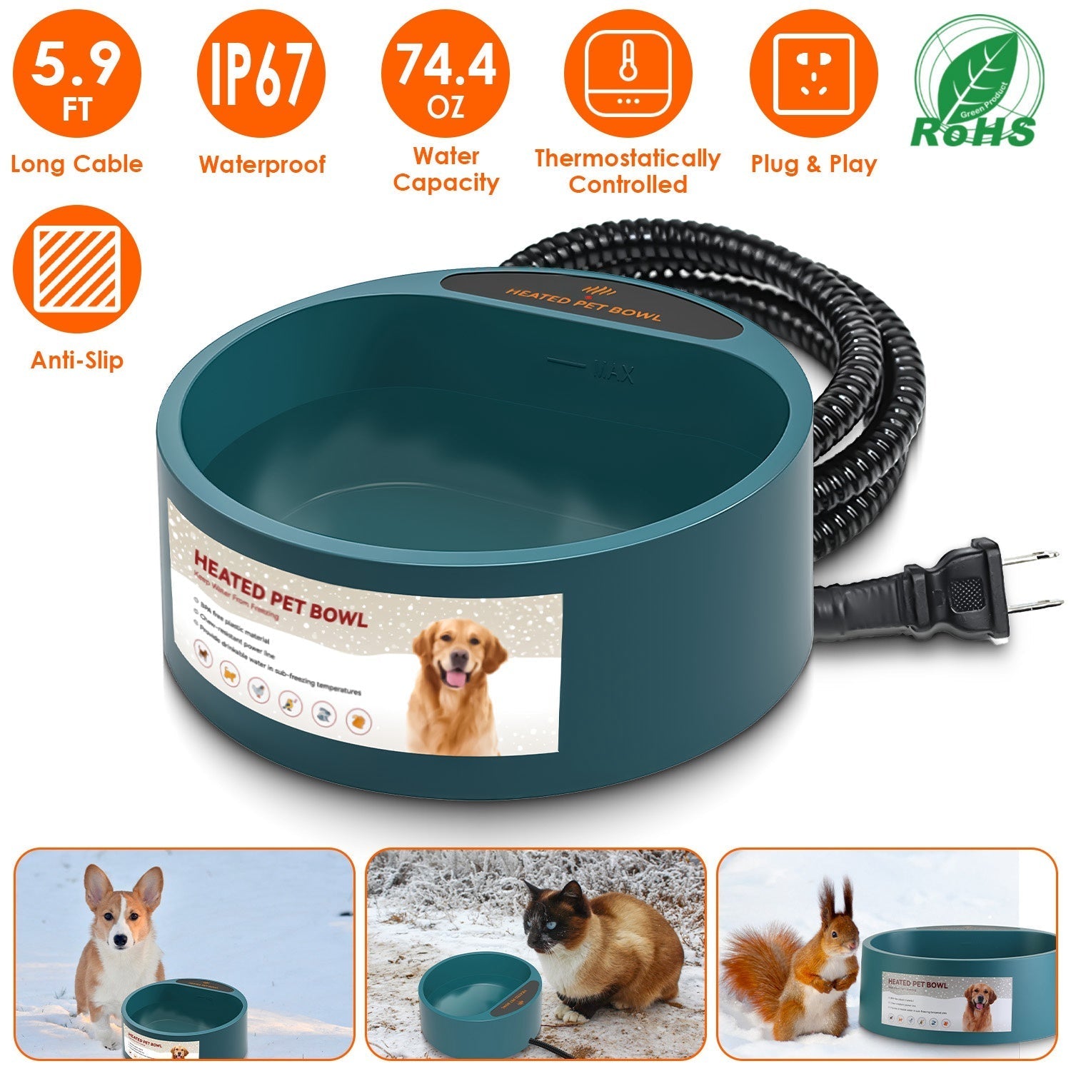 Heated Water Bowl for Dog Cat 74.4OZ Heating Water Dish IP67 Waterproof Thermal Water Bowl Heated Pet Bowl Dog Cat Water Feeder Bowl for Dog Cat Rabbi