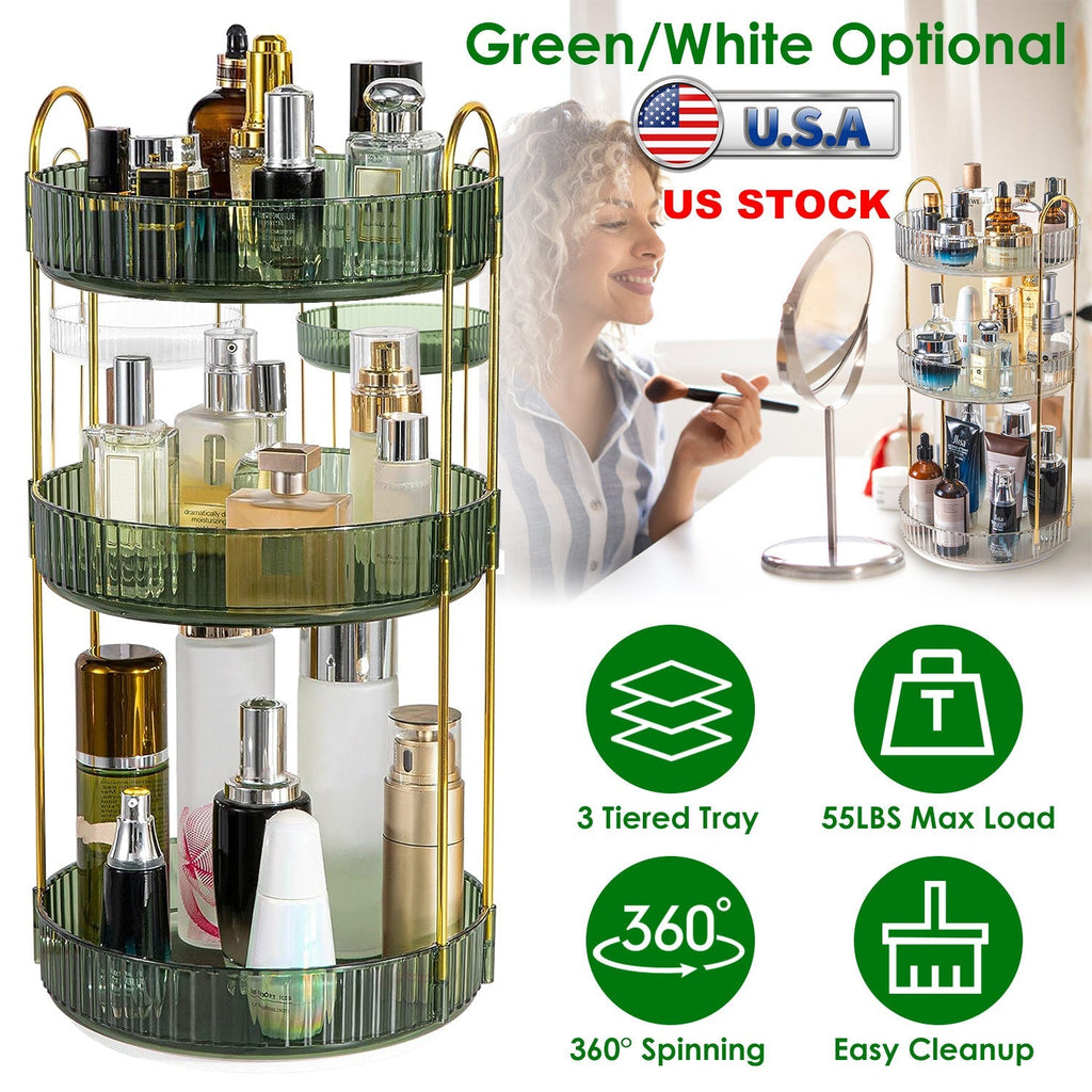 3 Tier Rotating Makeup Organizer 360¡ Spinning Perfume Cosmetic Storage Tray 55LBS Load Countertop Shelves for Lotion Lipstick
