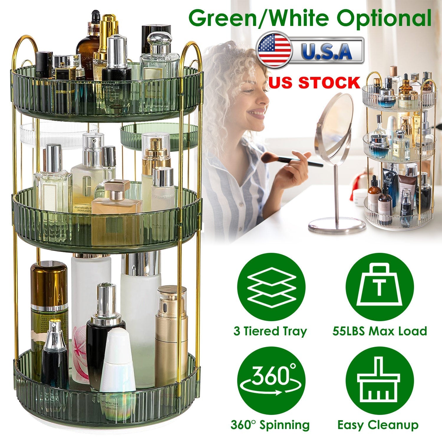3 Tier Rotating Makeup Organizer 360¡ Spinning Perfume Cosmetic Storage Tray 55LBS Load Countertop Shelves for Lotion Lipstick