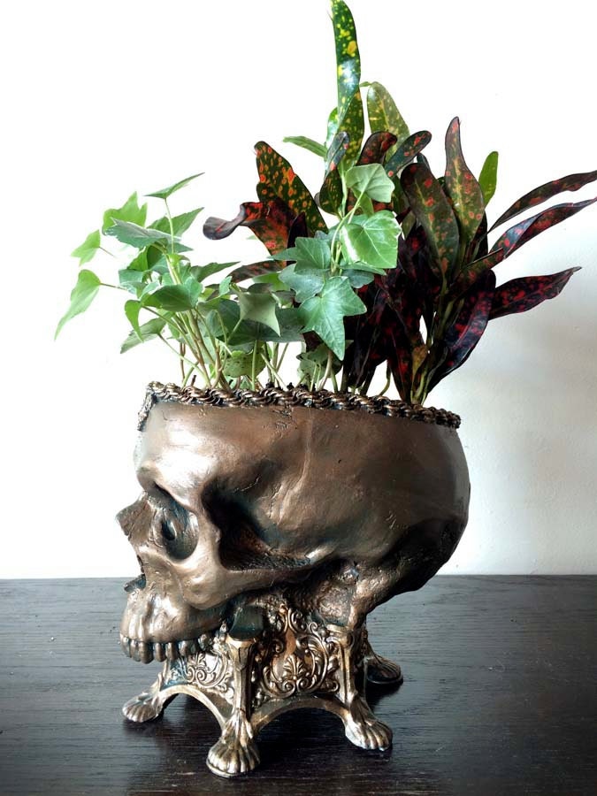 Human Skull Planter Bronze Finish, Hand Painted Resin Sculpture | Unique Gothic Home Decor | Spooky Art Gift and Gothic Home Decor