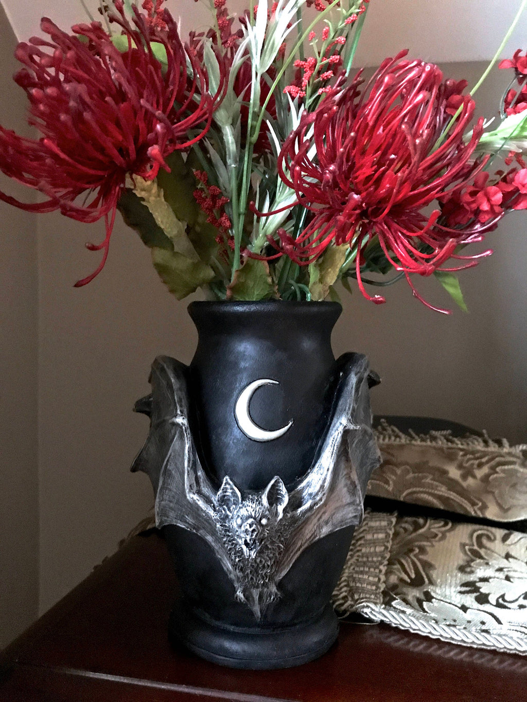 Vampire Bat Vase, Hand Painted Resin Sculpture | Unique Gothic Home Decor | Bat Vase Spooky Halloween Gift and Gothic Home Decor