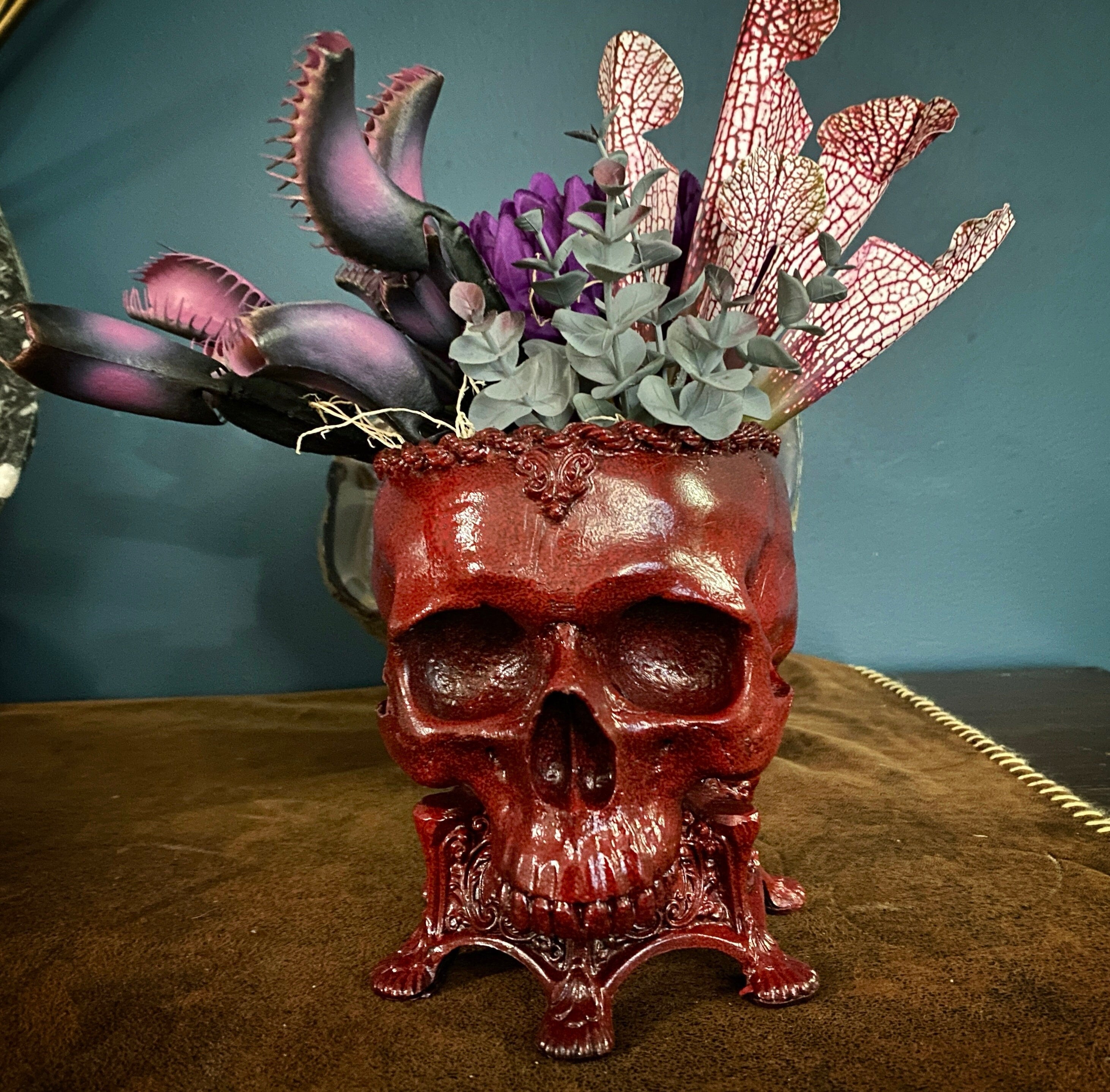 Human Skull Planter Blood Red Finish, Hand Painted Resin Sculpture | Unique Gothic Home Decor | Spooky Art Gift and Gothic Home Decor