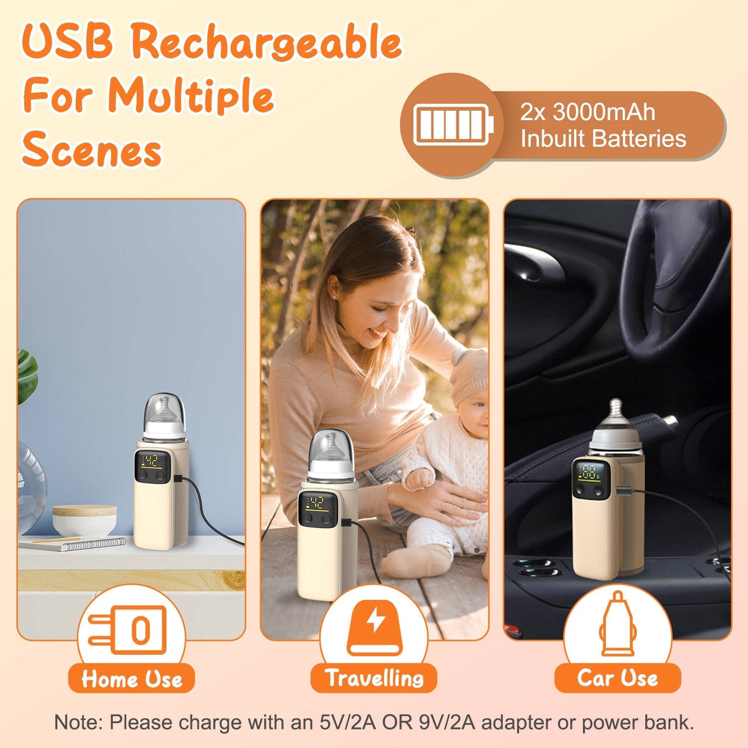 Portable Bottle Warmer with Night Light On The Go Baby Milk Warmer Milk Formula Warmer for Home Travel with 6 Heating Levels