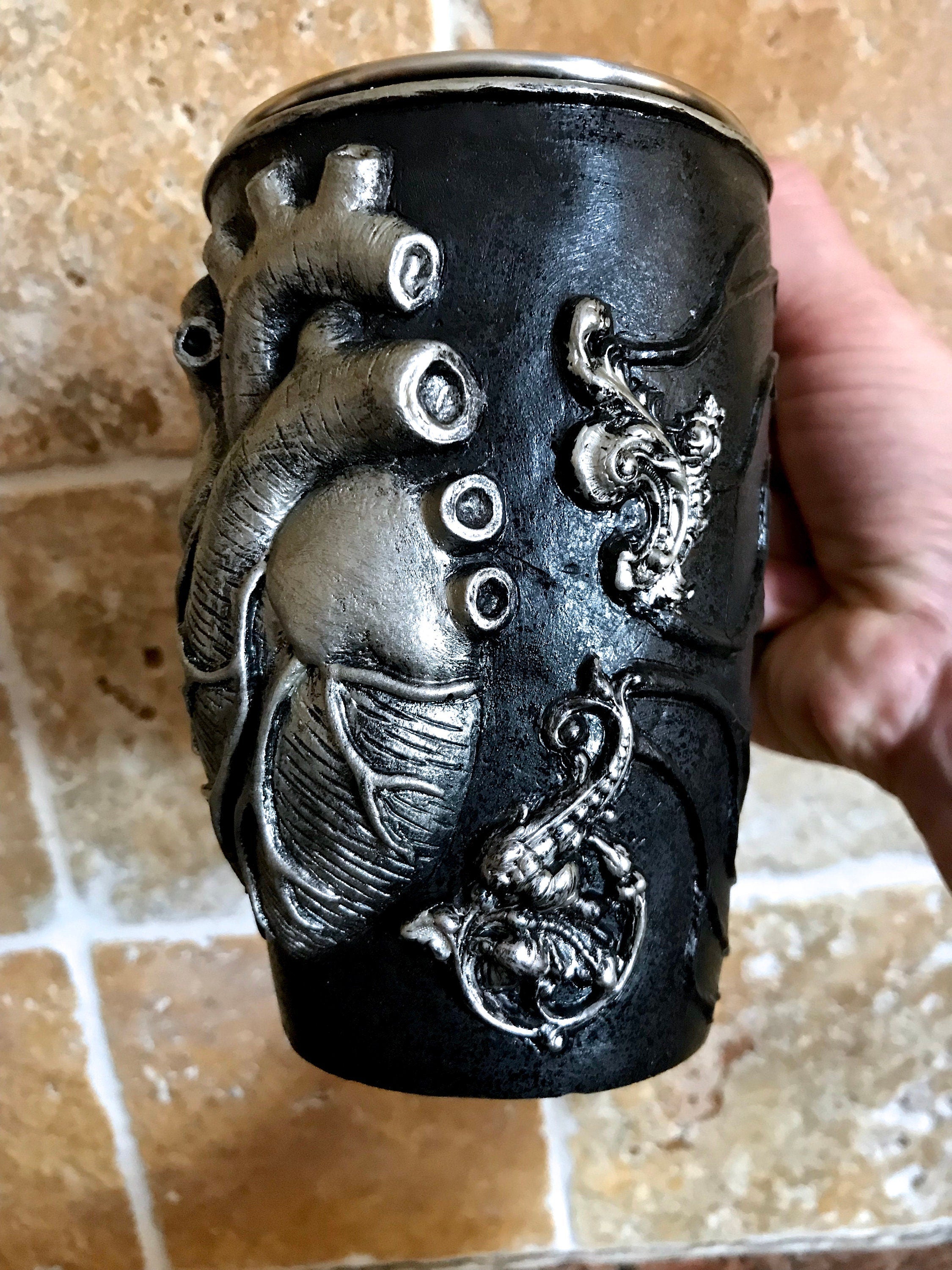 Anatomical Heart Mug, Hand Sculpted Resin Gothic Art Mug with Stainless Steel Liner| Spooky Heart Mug, Halloween Gift and Gothic Home Decor
