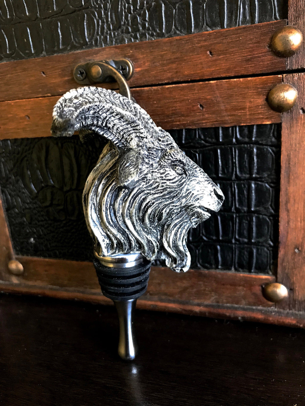 Goat Head Wine Stopper - Hand Painted Resin Sculpture, Gothic Decor, Mythical Goat Bottle Stopper, Fantasy Gothic Wine and Barware Gift