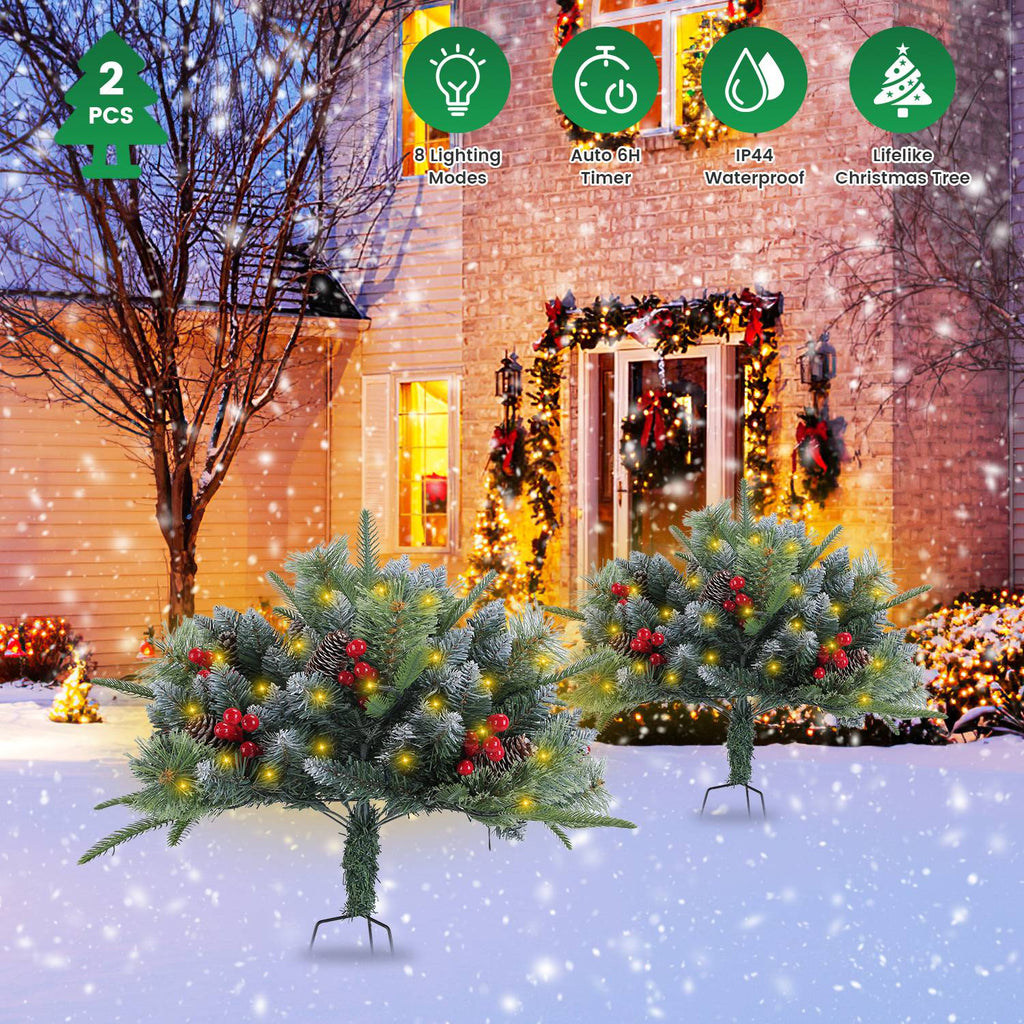 2Pcs Christmas Tree Urn Filler With Light Artificial Lighted Xmas Trees Light with Cones Berries Holiday Planter Filler LED Pathway Pine Tree IP44 Wat