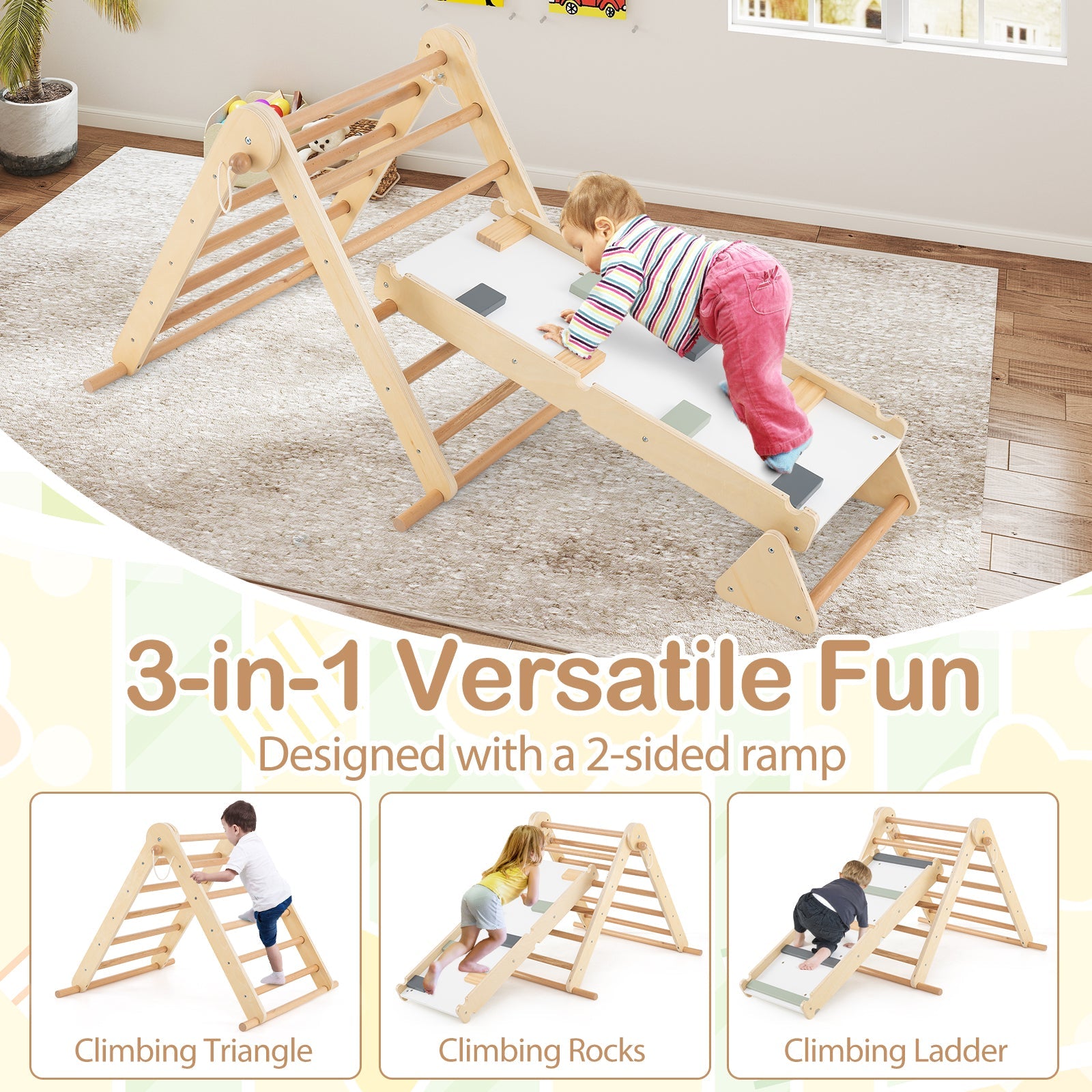 3-in-1 Pikler Triangle Climbing Set Kids Foldable Montessori Toys with Ramp-Natural