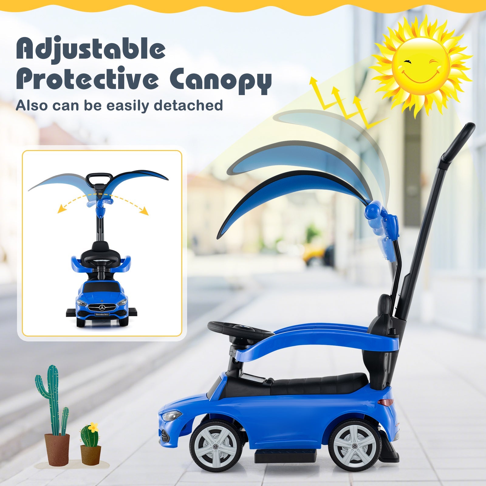 3-in-1 Ride on Push Car Mercedes-Benz Licensed Sliding Car with Canopy-Blue