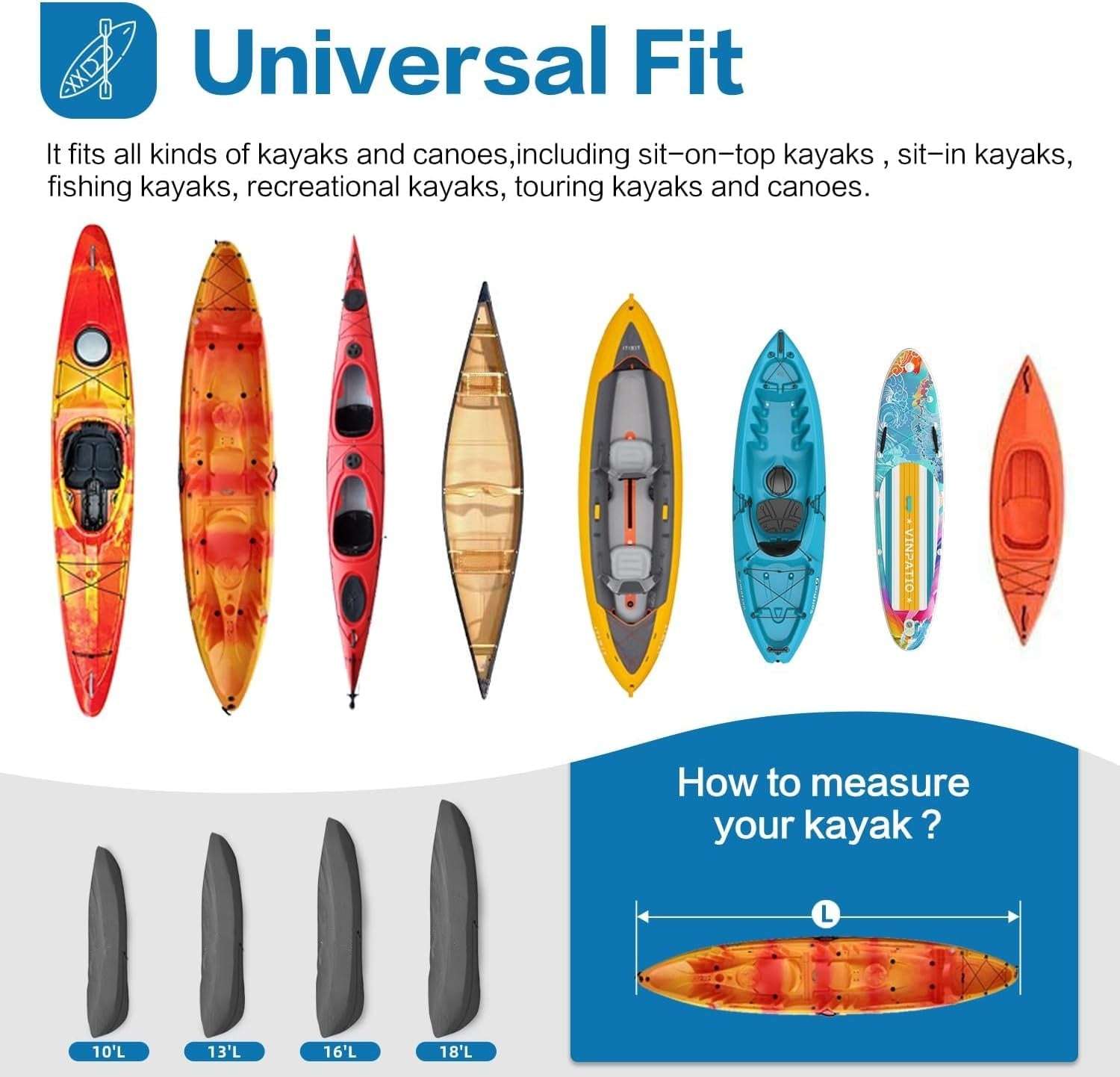 600D Kayak Cover: Upgraded Zipper Closure Waterproof Canoe Outdoor Storage Bag, Heavy Duty UV Protection Dust Paddle Board Cover for Fishing Boat