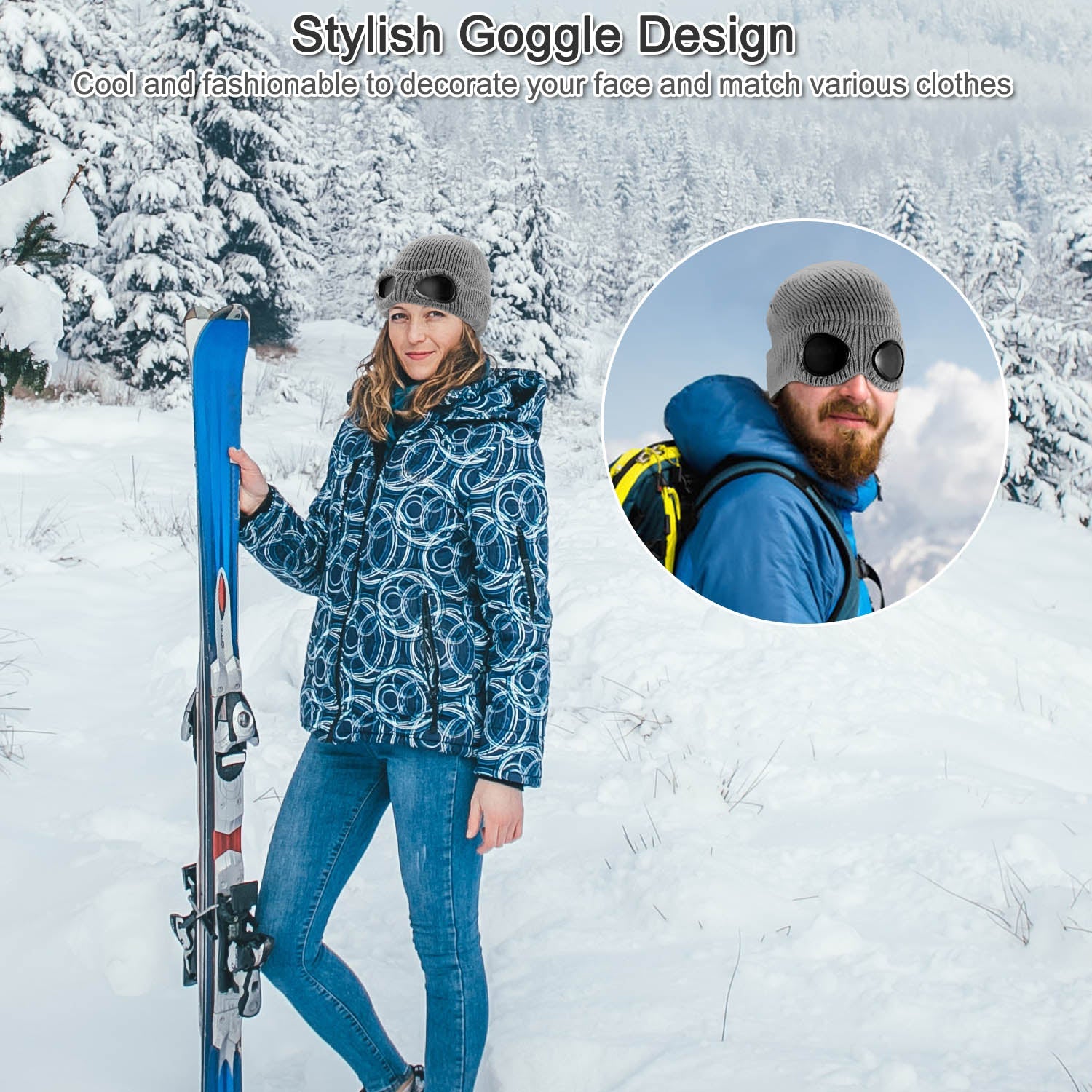 Unisex Knit Beanie Hat with Goggle Chunky Winter Warm Hat Skull Cap 4 Colors