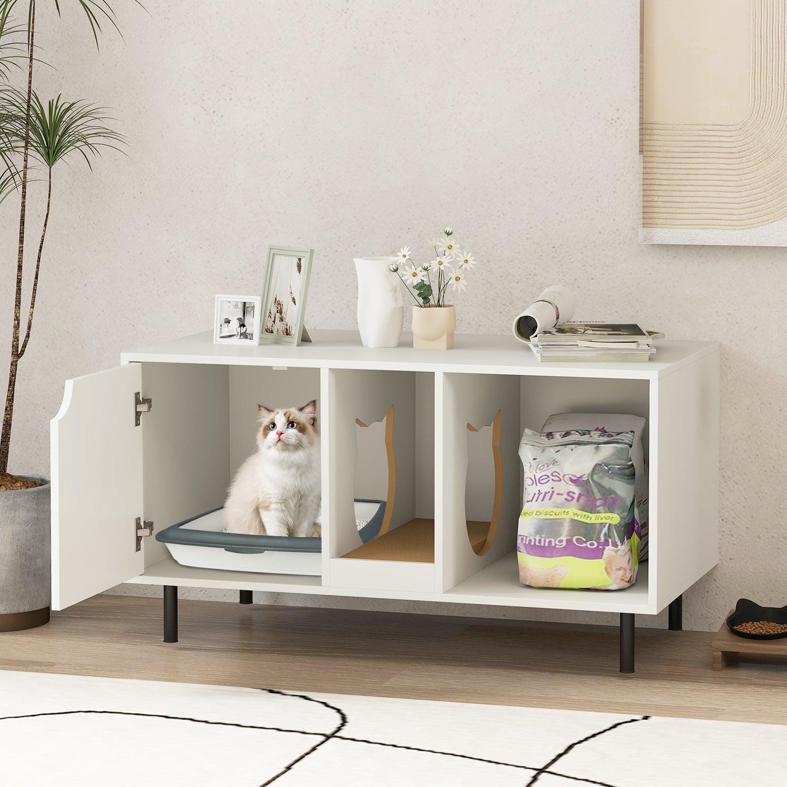 40 Inch Cat Litter Box Enclosure for 2 Cats Hidden Cat Washroom-White