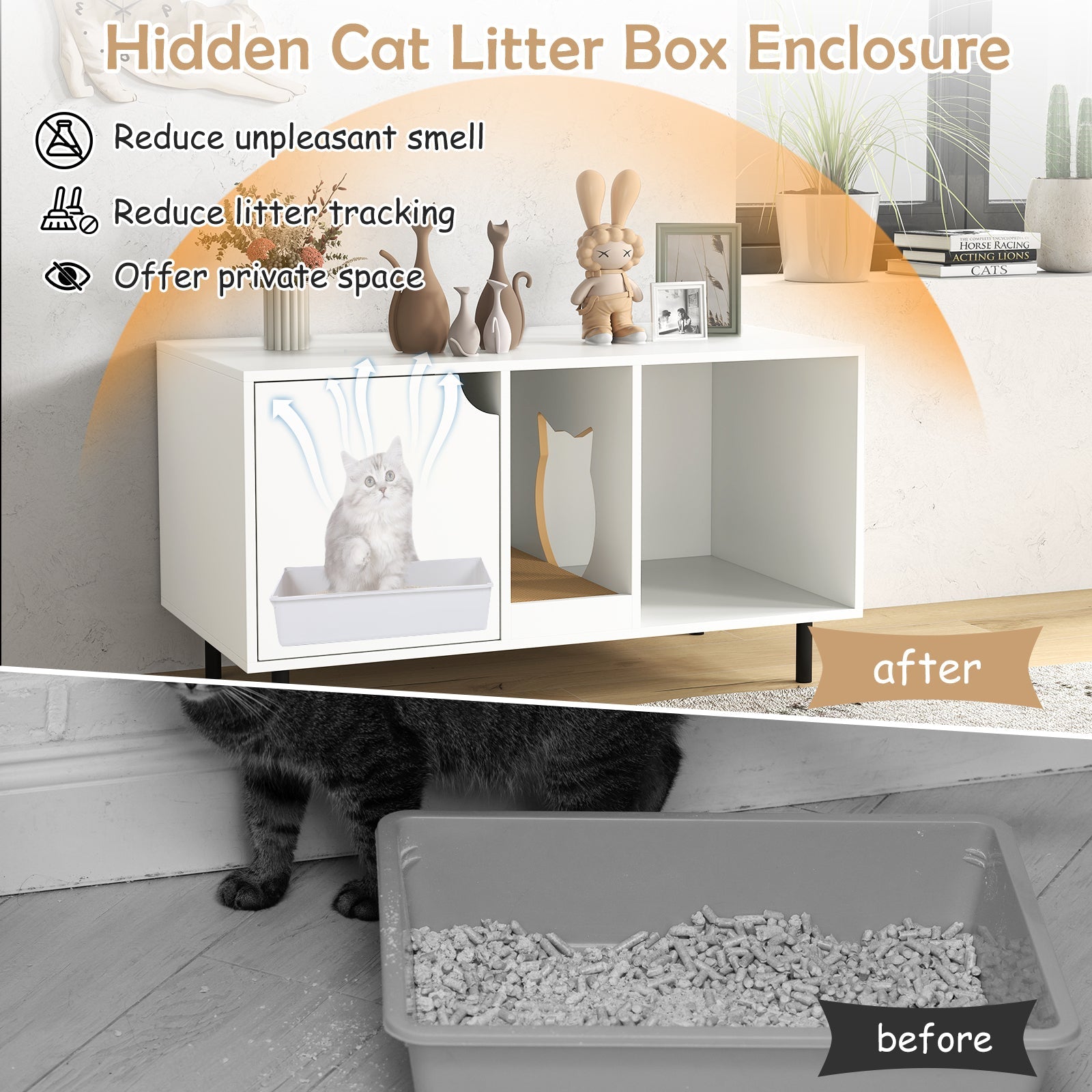 40 Inch Cat Litter Box Enclosure for 2 Cats Hidden Cat Washroom-White