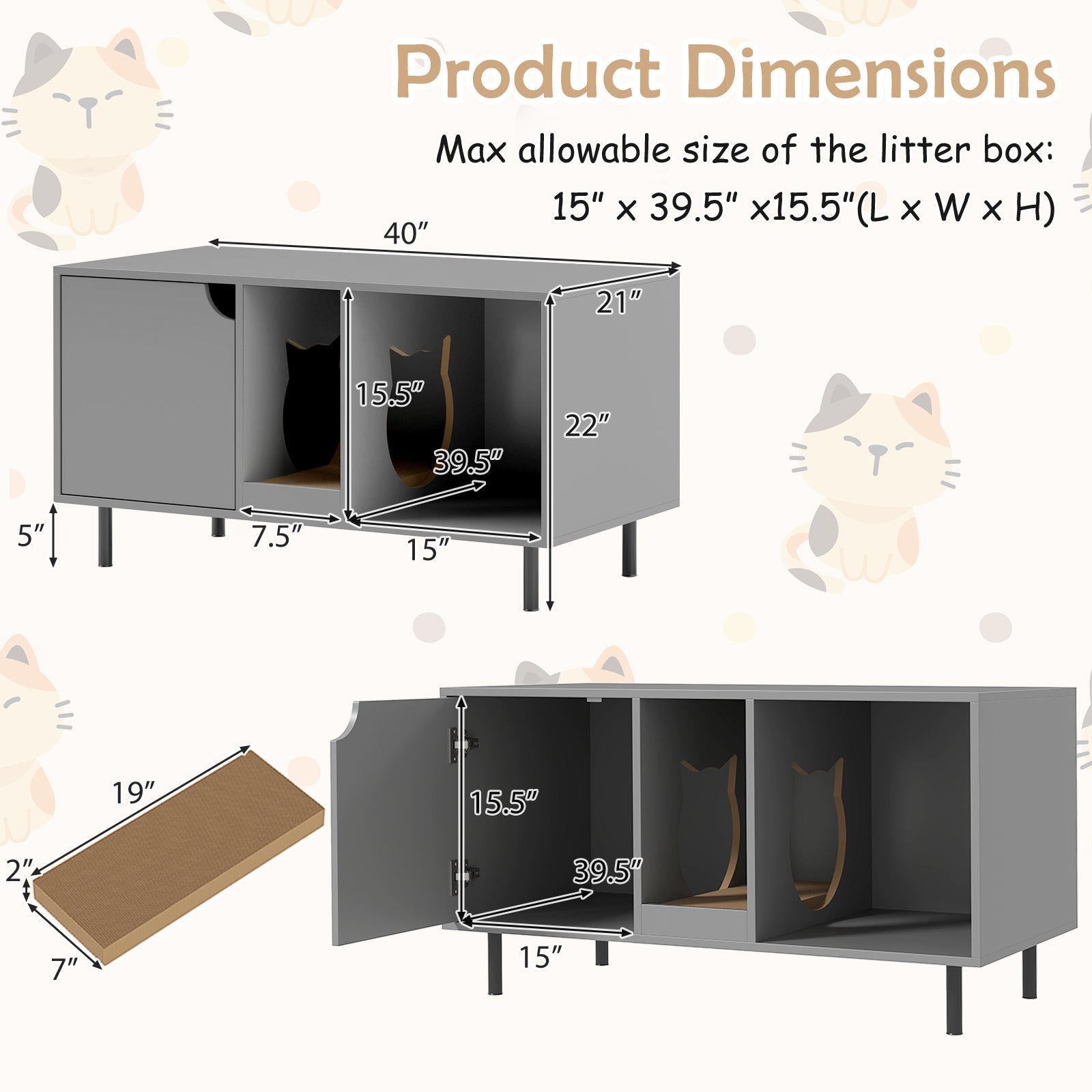 40 Inch Cat Litter Box Enclosure for 2 Cats Hidden Cat Washroom-Gray