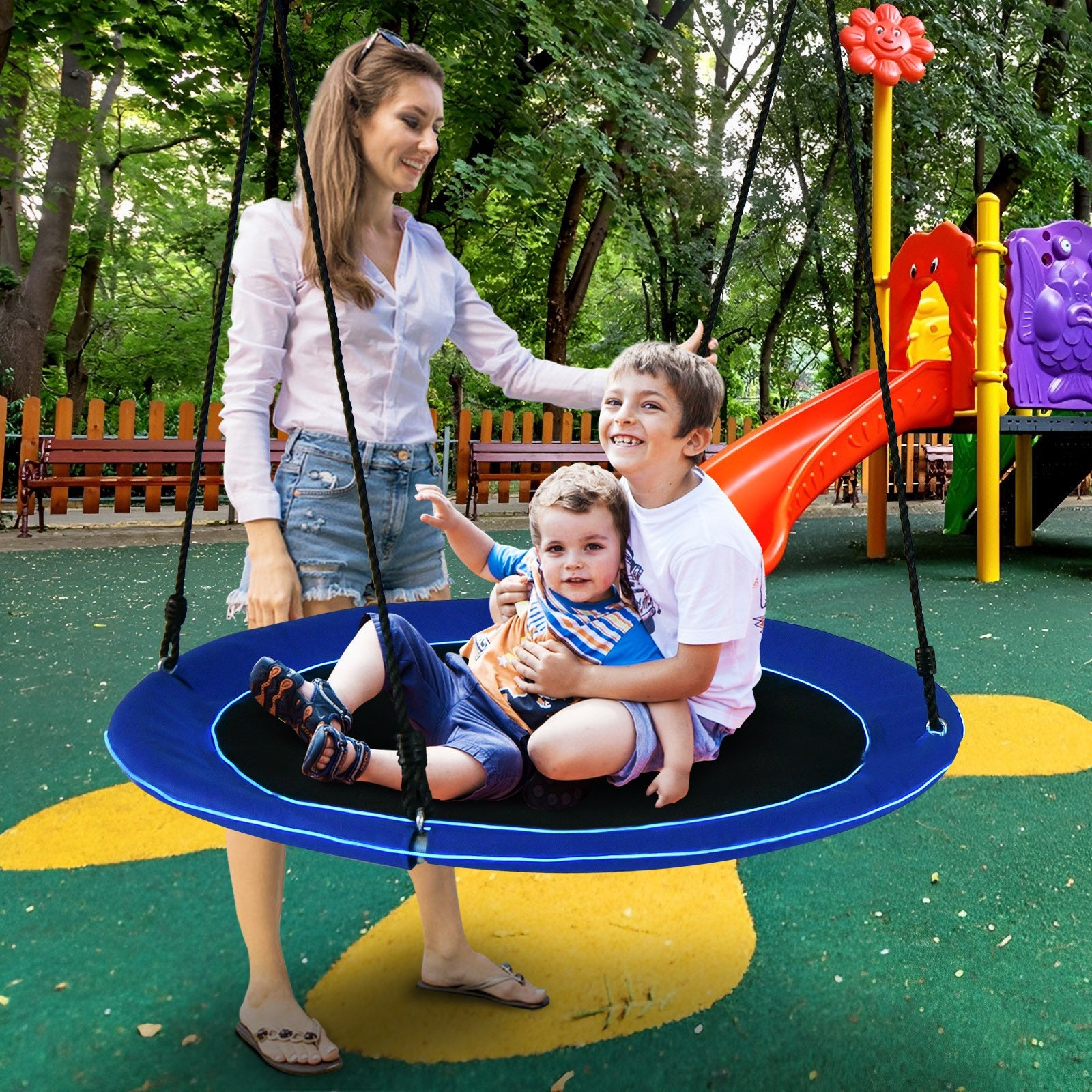 40 Inches Saucer Tree Swing Round with Lights for Kids and Adults-Navy