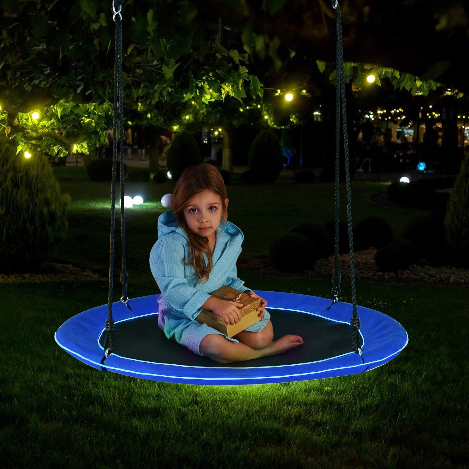 40 Inches Saucer Tree Swing Round with Lights for Kids and Adults-Navy