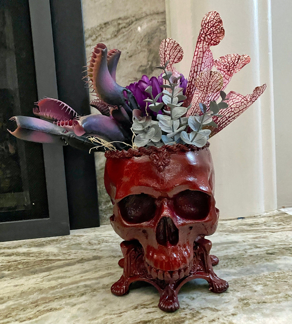 Human Skull Planter Blood Red Finish, Hand Painted Resin Sculpture | Unique Gothic Home Decor | Spooky Art Gift and Gothic Home Decor