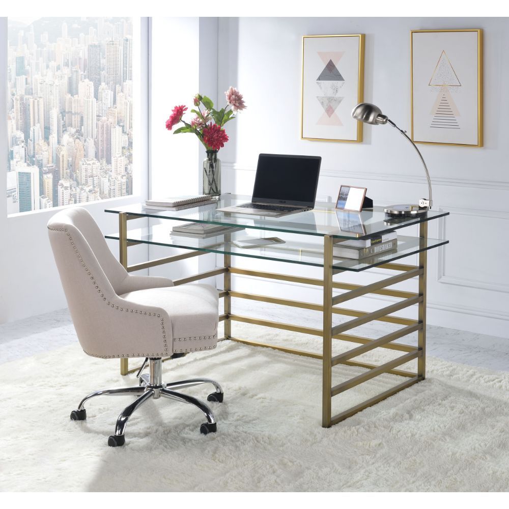 Shona - Writing Desk - Clear Glass Top & Antique Gold