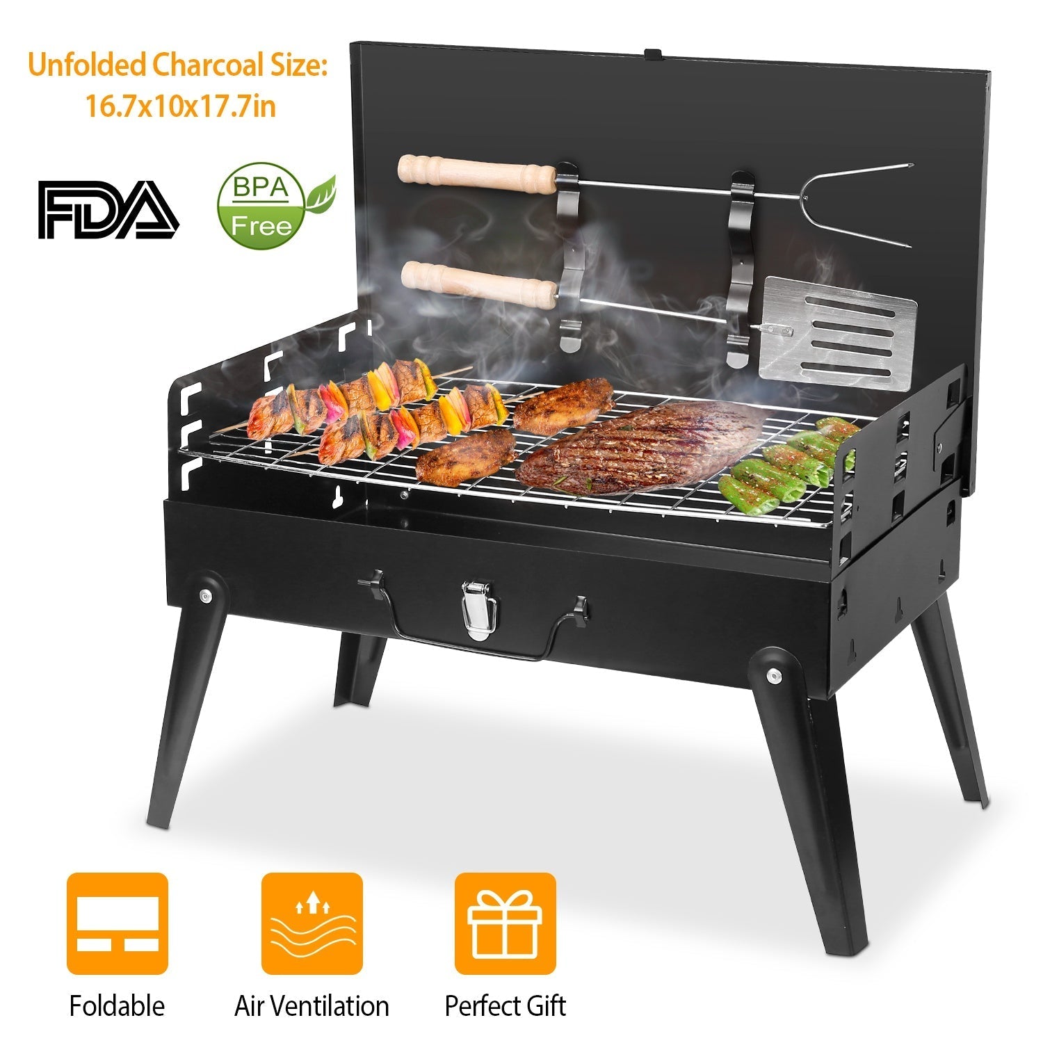 16.7x10x17.7in Portable Charcoal Grill Foldable BBQ Suitcase Grill Shelf For Outdoor Camping Picnics Garden Grilling