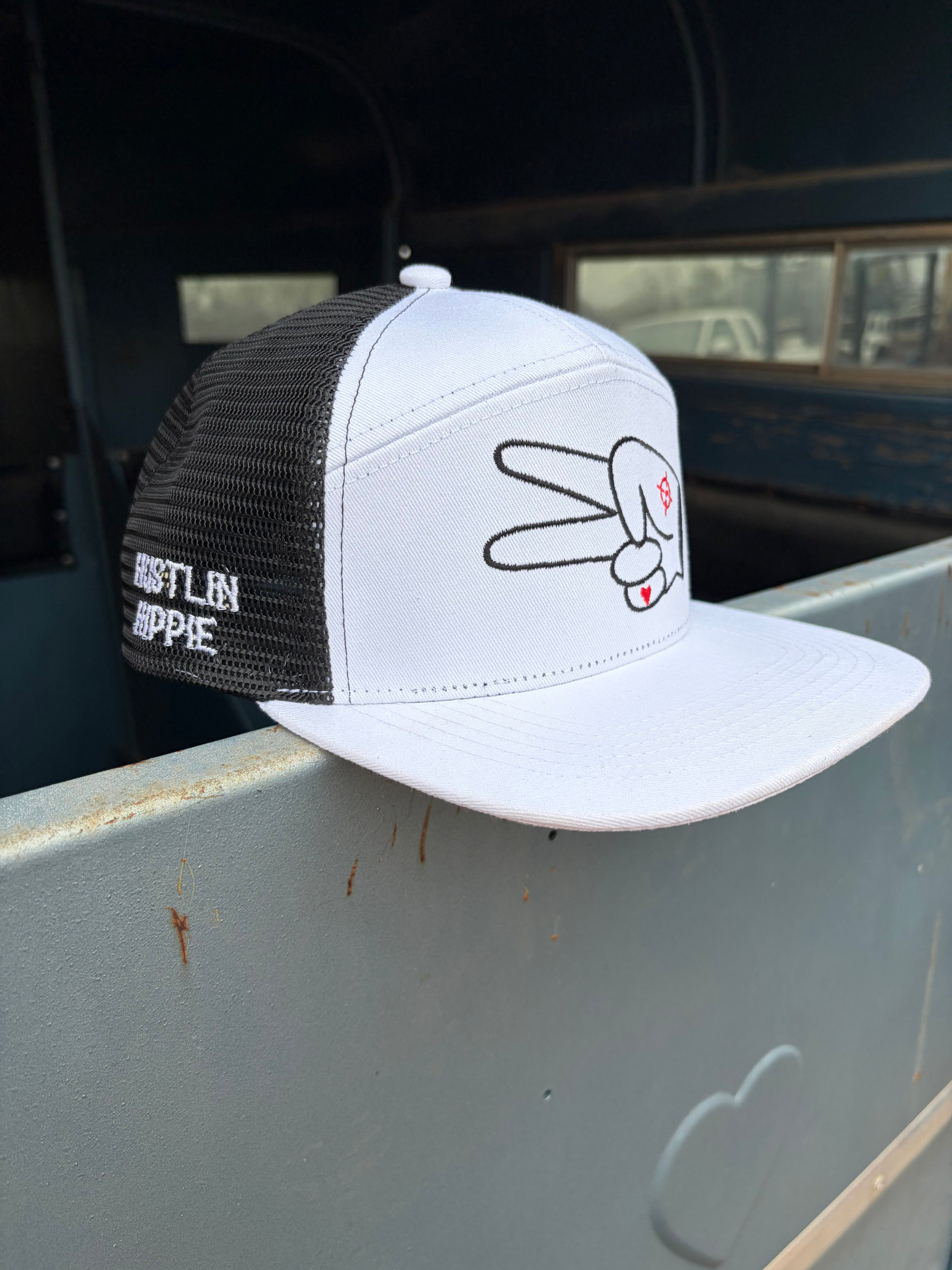 PL Series 7 Panel Mesh Snapback- WHITE/BLACK- BLACK LOGO w/ BOLD style