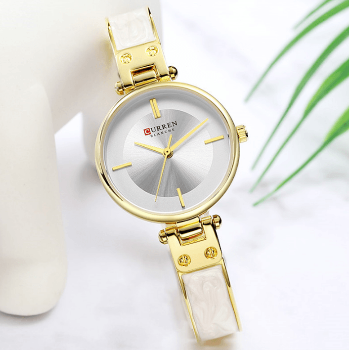 Womens Elegant Stainless Steel Watch With Ceramic Bracelet In Shimmering Marble Colors