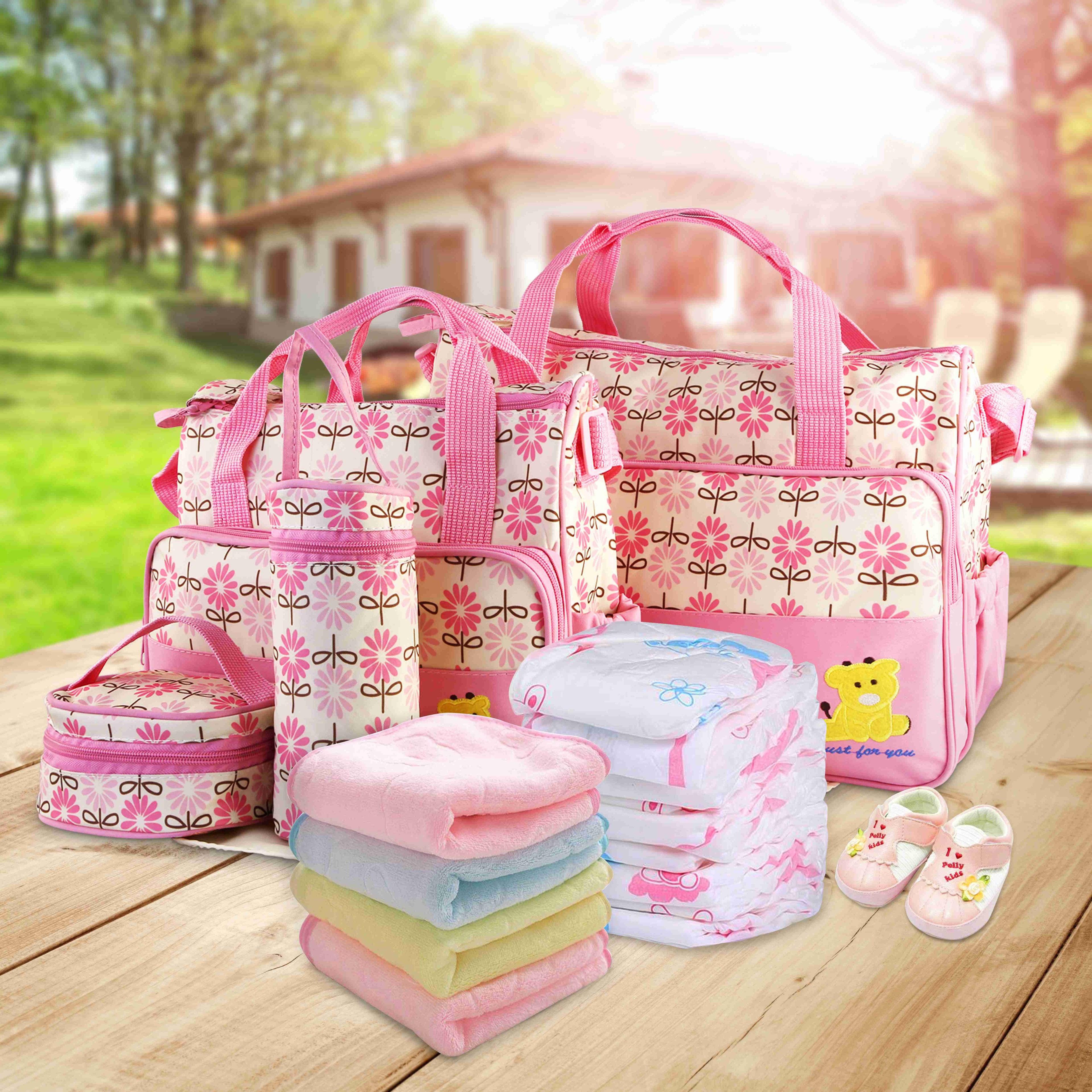 5PCS Baby Nappy Diaper Bags Set Mummy Diaper Shoulder Bags w/ Nappy Changing Pad Insulated Pockets Travel Tote Bags For Mom Dad