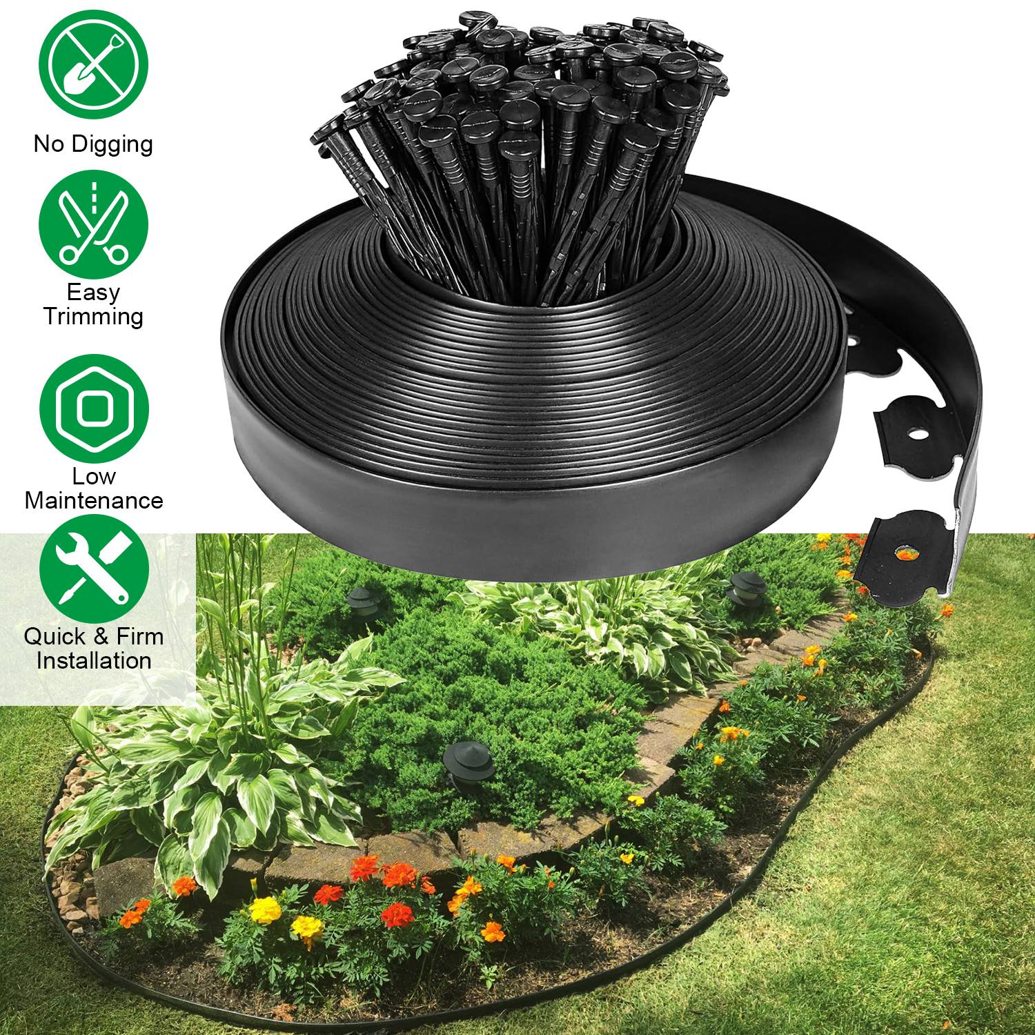 32.8FT Non-Digging Plastic Garden Edging Kit Plastic Garden Border with 30 Spikes 2In Tall Border Edging for Garden Lawn Yard Flower Beds