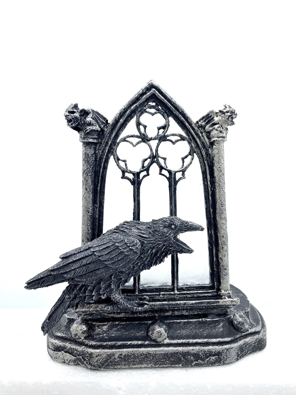Raven and Window Tea Light, Hand Painted Resin Sculpture | Medieval Gothic Night Light | Poe’s Raven Lighting for Gothic Fantasy Home Decor