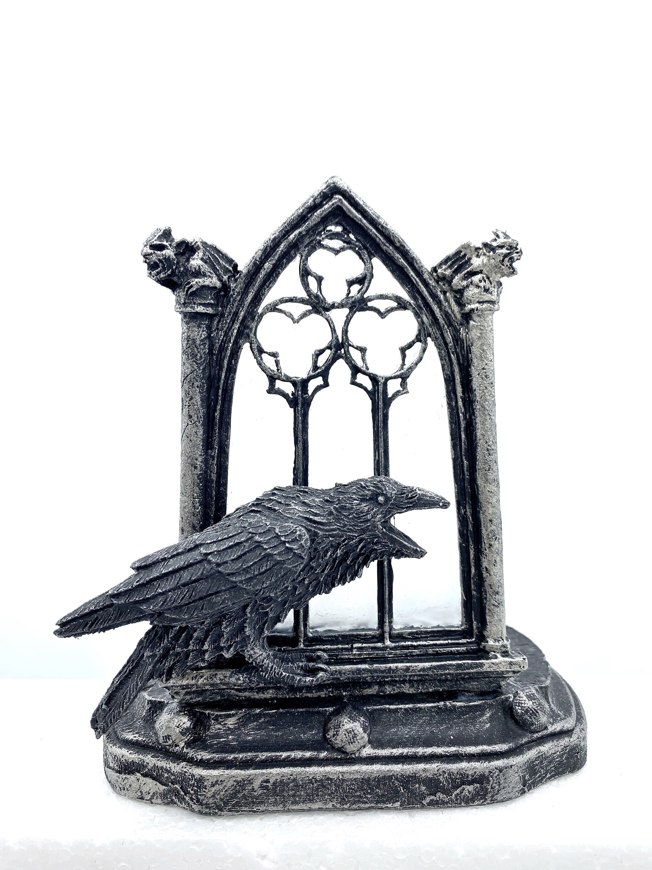 Raven and Window Tea Light, Hand Painted Resin Sculpture | Medieval Gothic Night Light | Poe’s Raven Lighting for Gothic Fantasy Home Decor