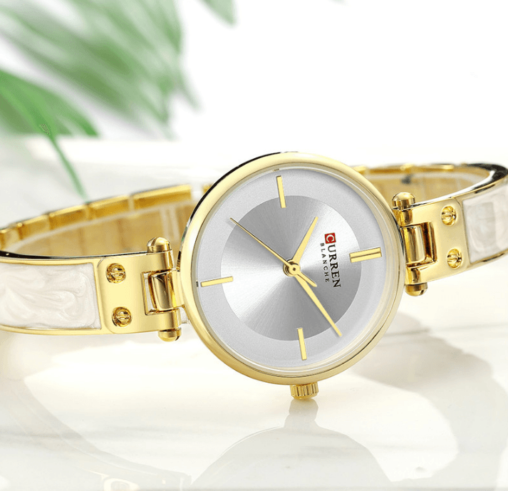 Womens Elegant Stainless Steel Watch With Ceramic Bracelet In Shimmering Marble Colors