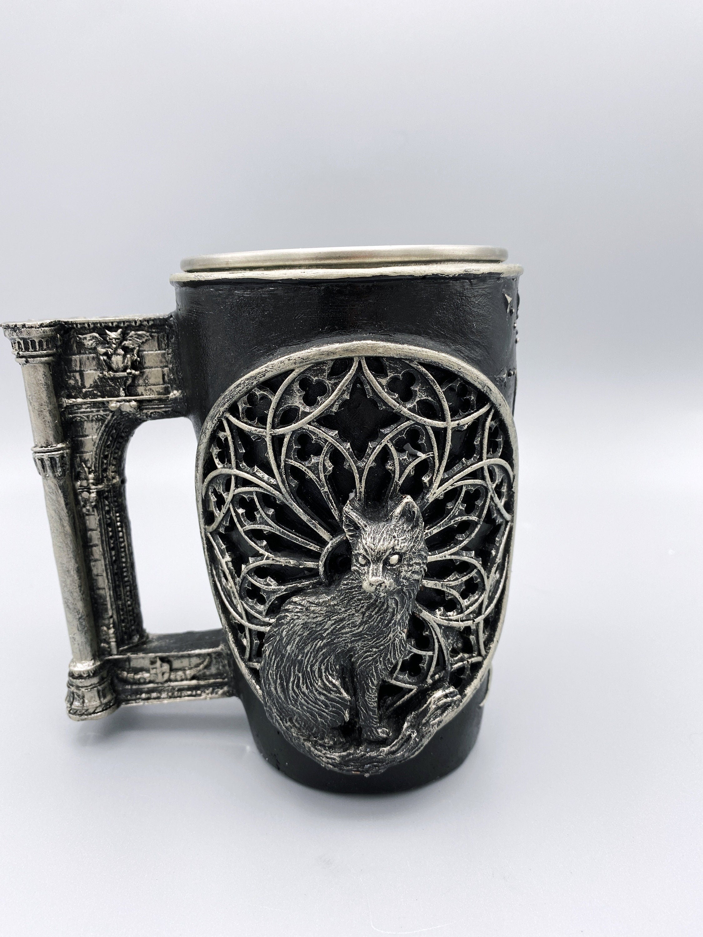 Cat and Gothic Cathedral Window Mug, Hand Sculpted Resin Gothic Art Mug with Stainless Steel Liner| Cat Mug, Halloween Gift and Gothic Decor