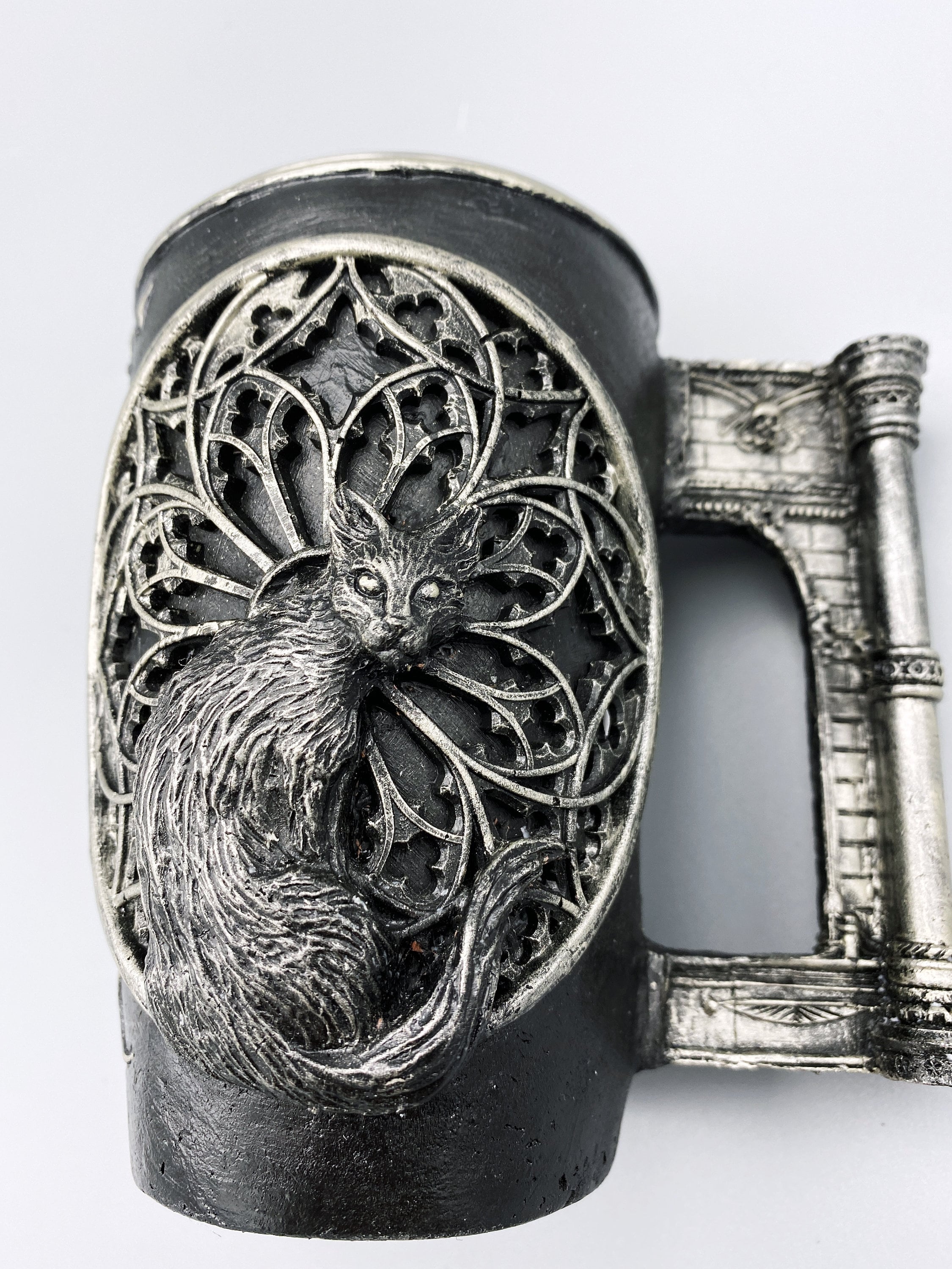 Cat and Gothic Cathedral Window Mug, Hand Sculpted Resin Gothic Art Mug with Stainless Steel Liner| Cat Mug, Halloween Gift and Gothic Decor