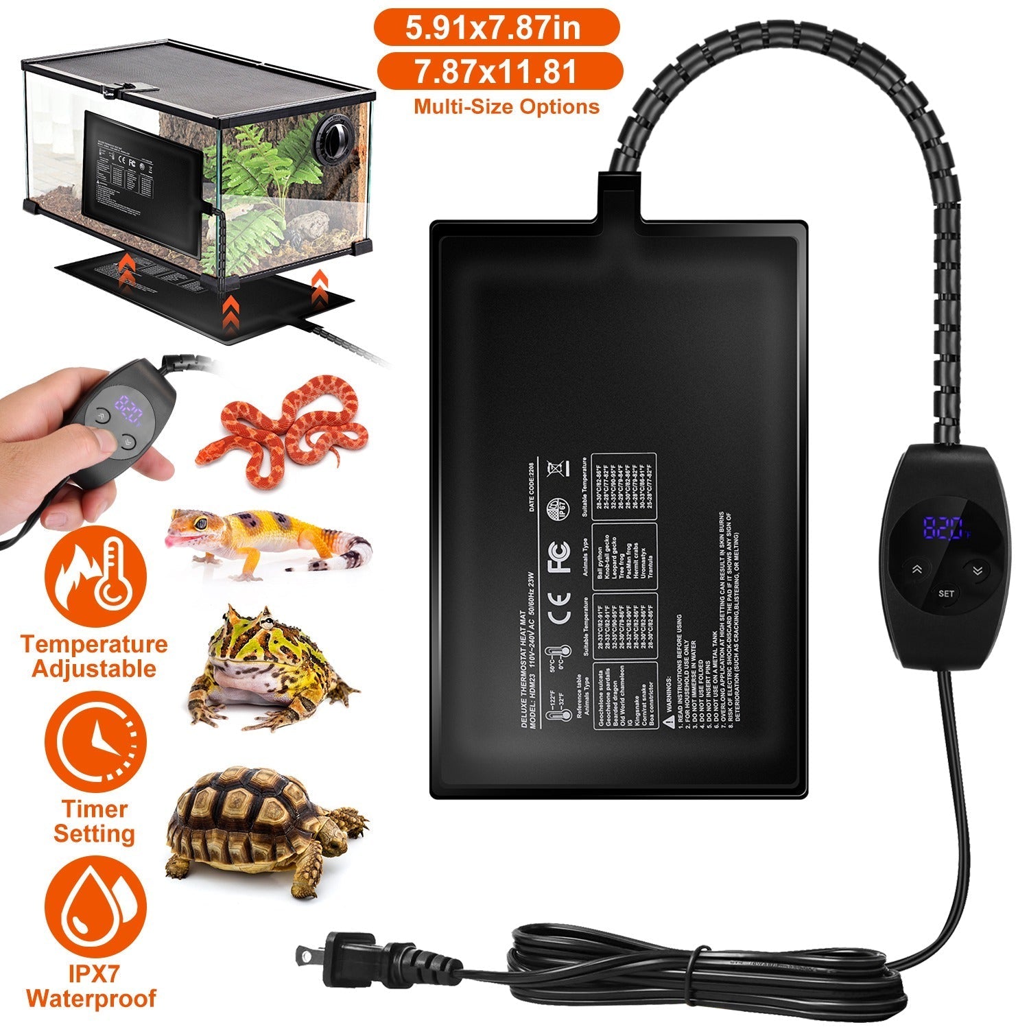 Electric Reptile Heating Pad With 32-122¡F Temperature Adjustment IPX7 Waterproof Timer Setting Under Tank Heating Mat for Lizards Turtles Snake Spide