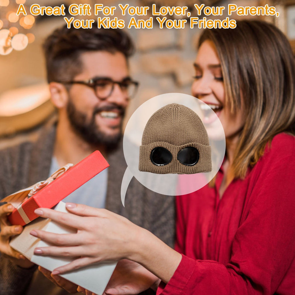 Unisex Knit Beanie Hat with Goggle Chunky Winter Warm Hat Skull Cap 4 Colors