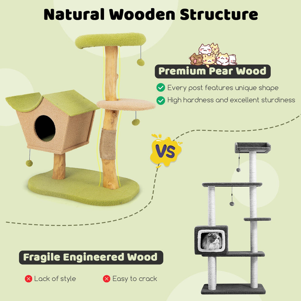 43 Inch Wooden Cat Tree with Padded Top Perch-Green
